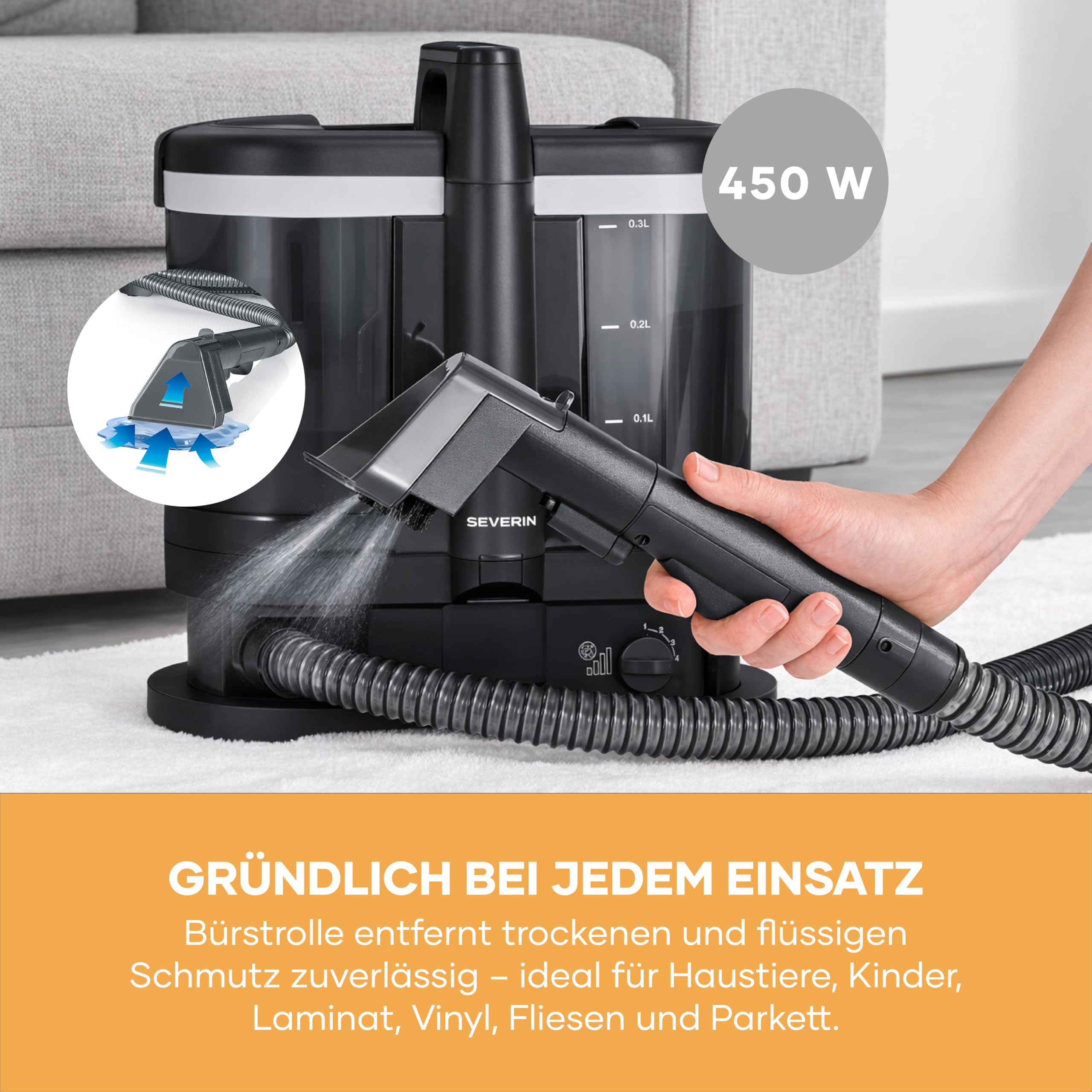 Severin Polsterreiniger, für Teppich, Polster, Autositze & Sofa, 2-Tank-Nasssauger, Waschsauger, Teppich-Reiniger, Frischwassertank: 1,25L, S-Power, 450W, anthrazit, schwarz, SC 7188