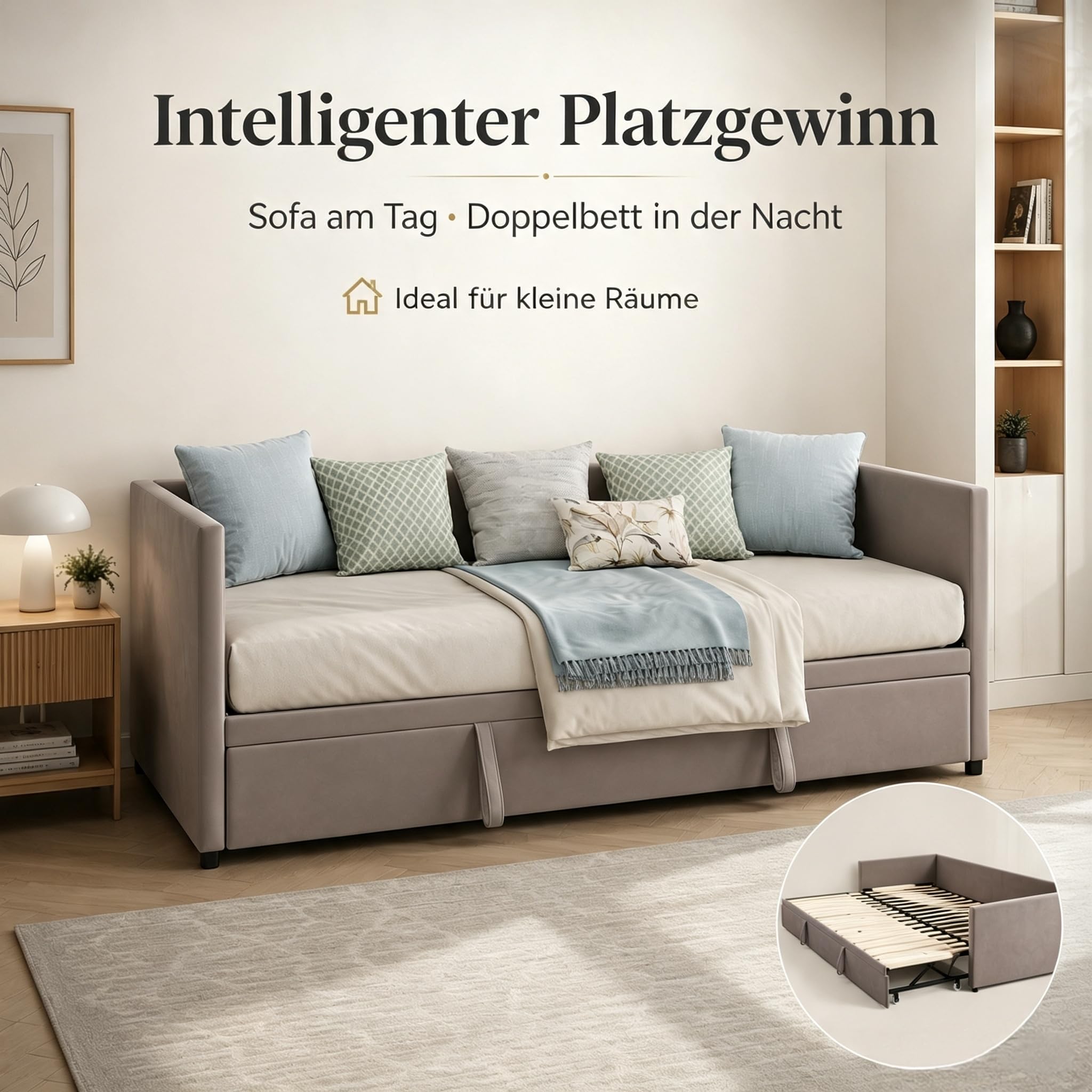 Schlafsofa Ausziehbar 90/180x200cm,Gästebett Tagesbett mit Lattenrost,Grau | Schlafcouch Polsterbett für Schlafzimmer Wohnzimmer,Ausziehbar zum Doppelbett,für Kleine Räume,Multifunktionsbett,Samtstoff