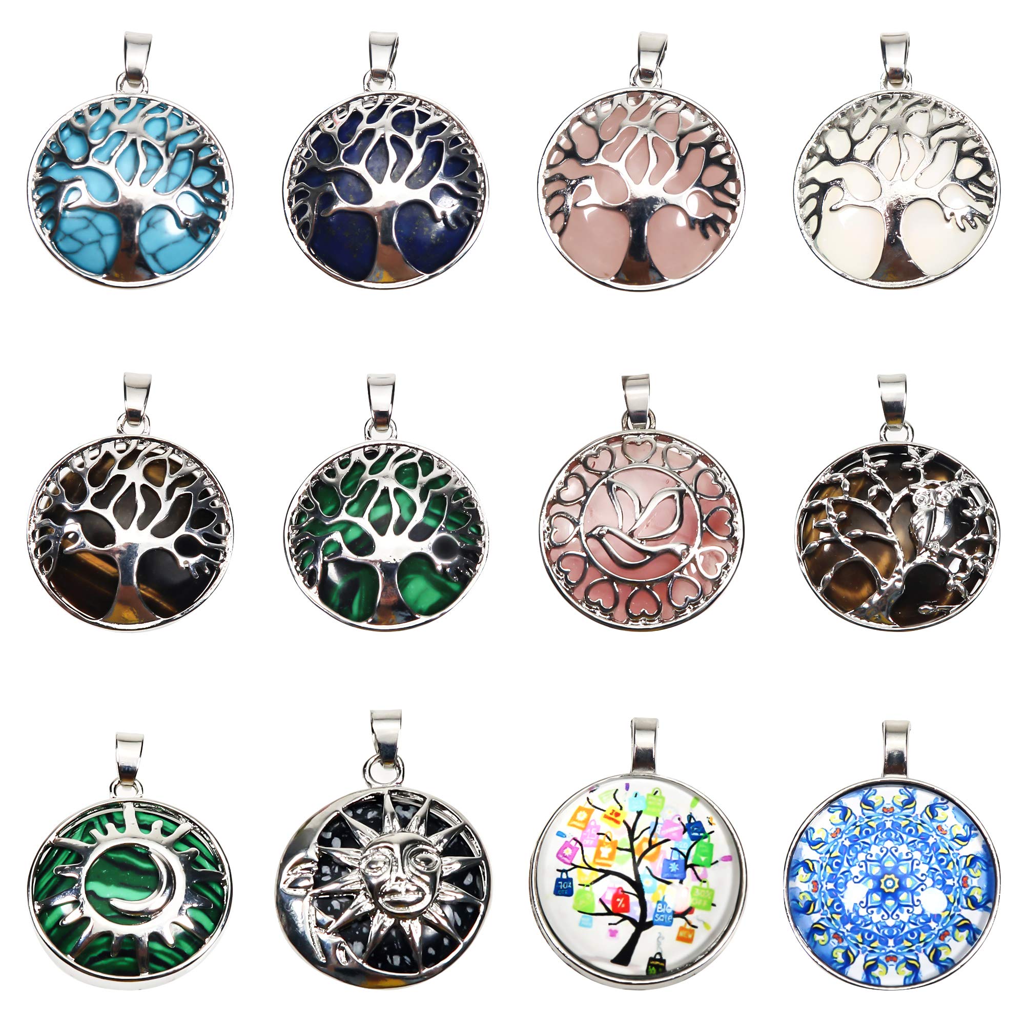TOAOB THE ONE AND ONLY BABYTOAOB 12pcs Natural Gemstone Charms Mixed Color Metal Frame Round Charms Pendant 27mm for Jewellery Making