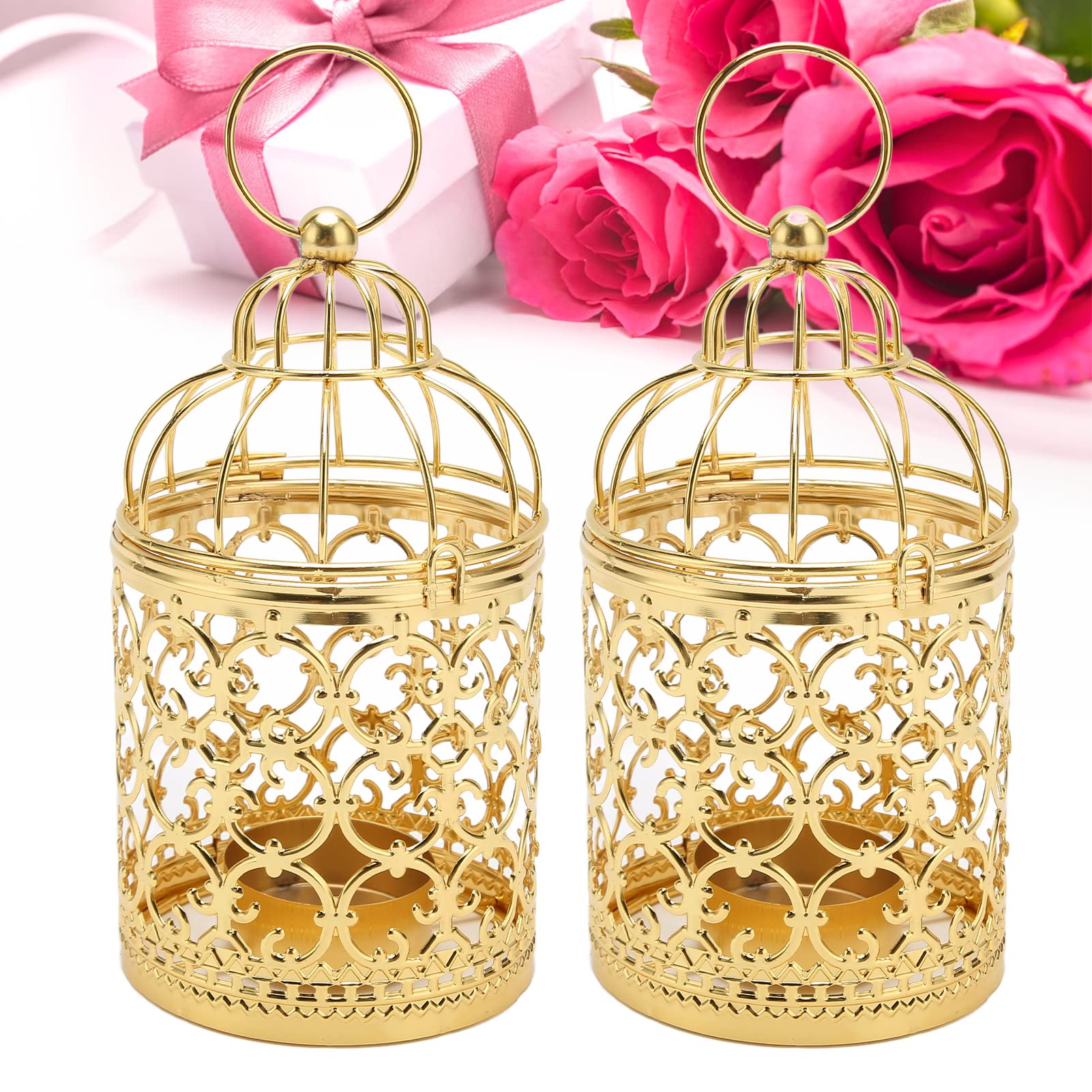 2pcs Vintage Birdcage Tealight Holder Centerpieces Hanging Metal Candle Lantern Flower Arrangement Stand for Wedding Table Christmas Mantle (Gold)