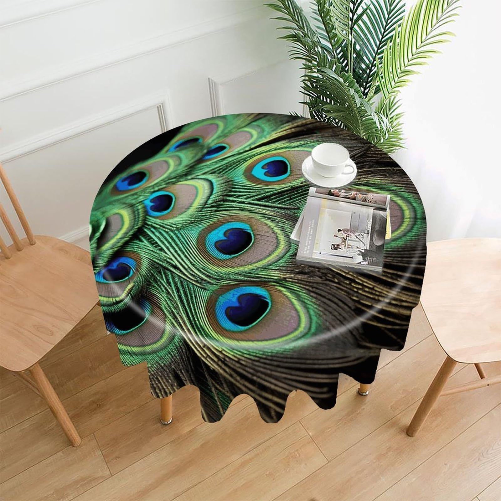 LZQPOEAS Green Peacock Feather Tablecloth Decorative Round Table Cloth Wrinkle Resistant Round Tablecloth Washable Circle Table Cover for Kitchen Dining Party Wedding Camping 60 Inch