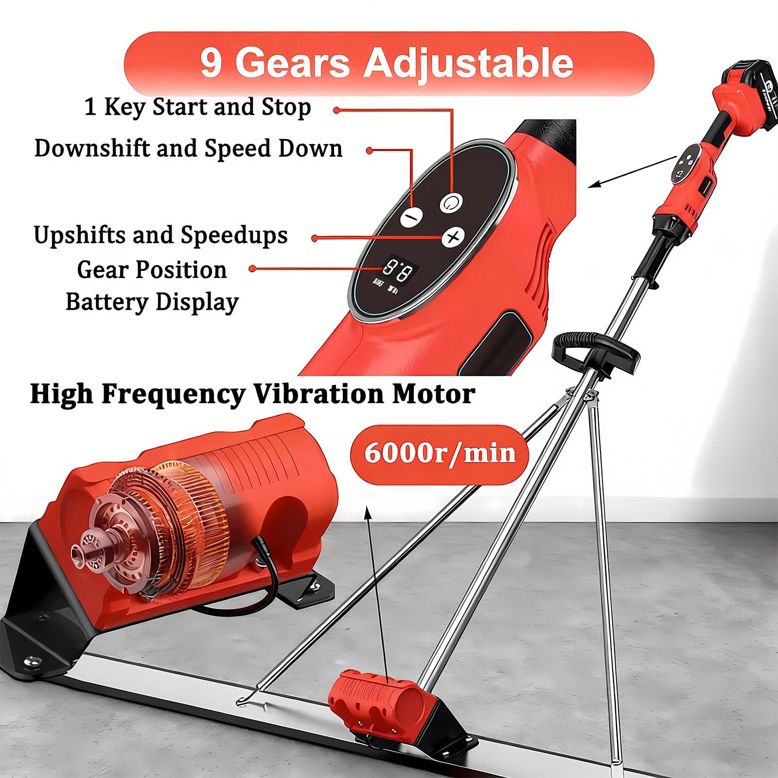 Regla Vibrante Eléctrica para Hormigón, Motor Brushless De Cobre, 2 Baterías De Litio 25000mA, Nivelador De Hormigón Profesional, Motor De Alto Rendimiento TwoMotor1.8M