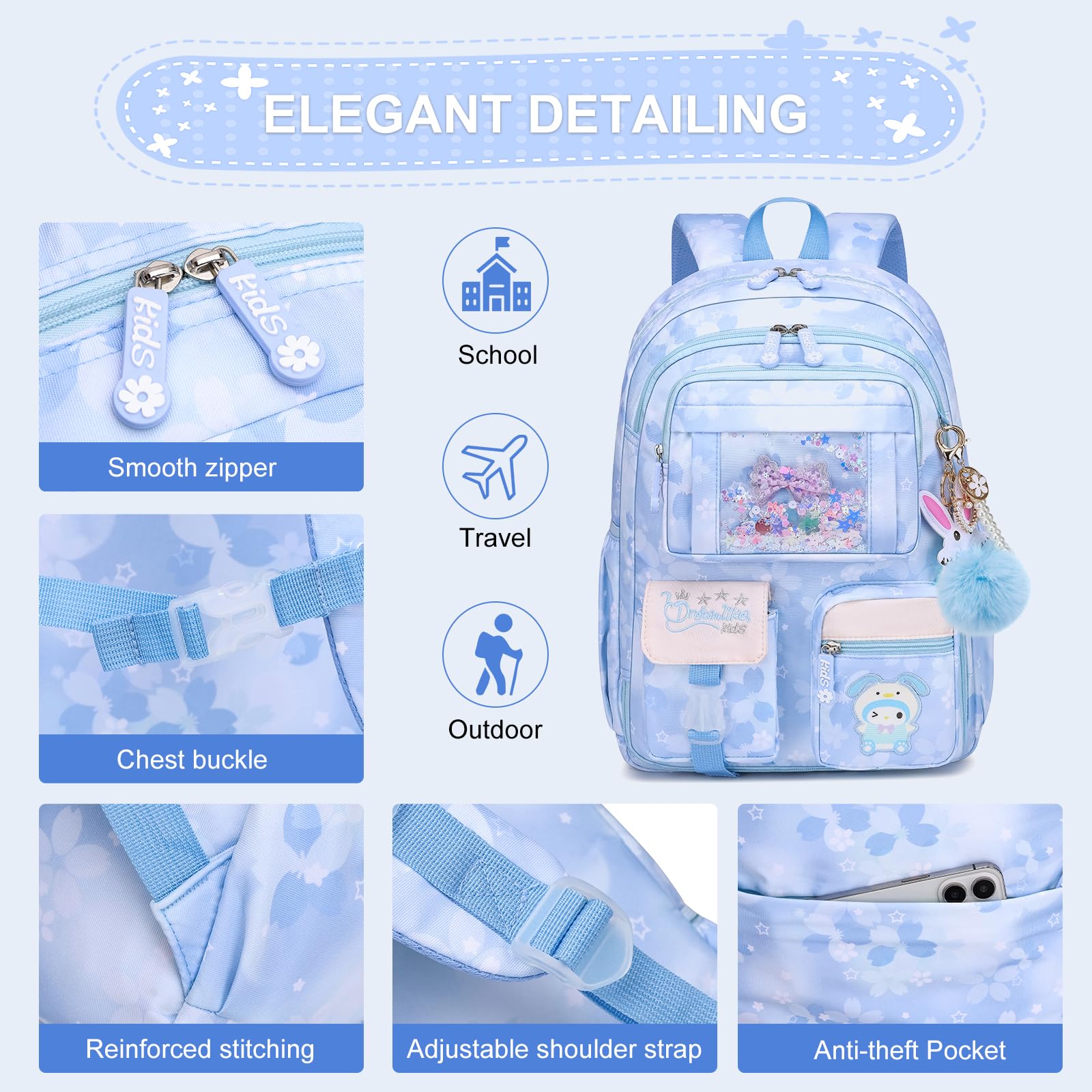 KEBEIXUAN Set Mochila Escolar Niña 3 Piezas para Colegio, Mochila Infantil Primaria con Fiambrera y Estuche, Apertura 180°, Ligera 26L, Cabe A4-6-10 Años (conjunto azul)