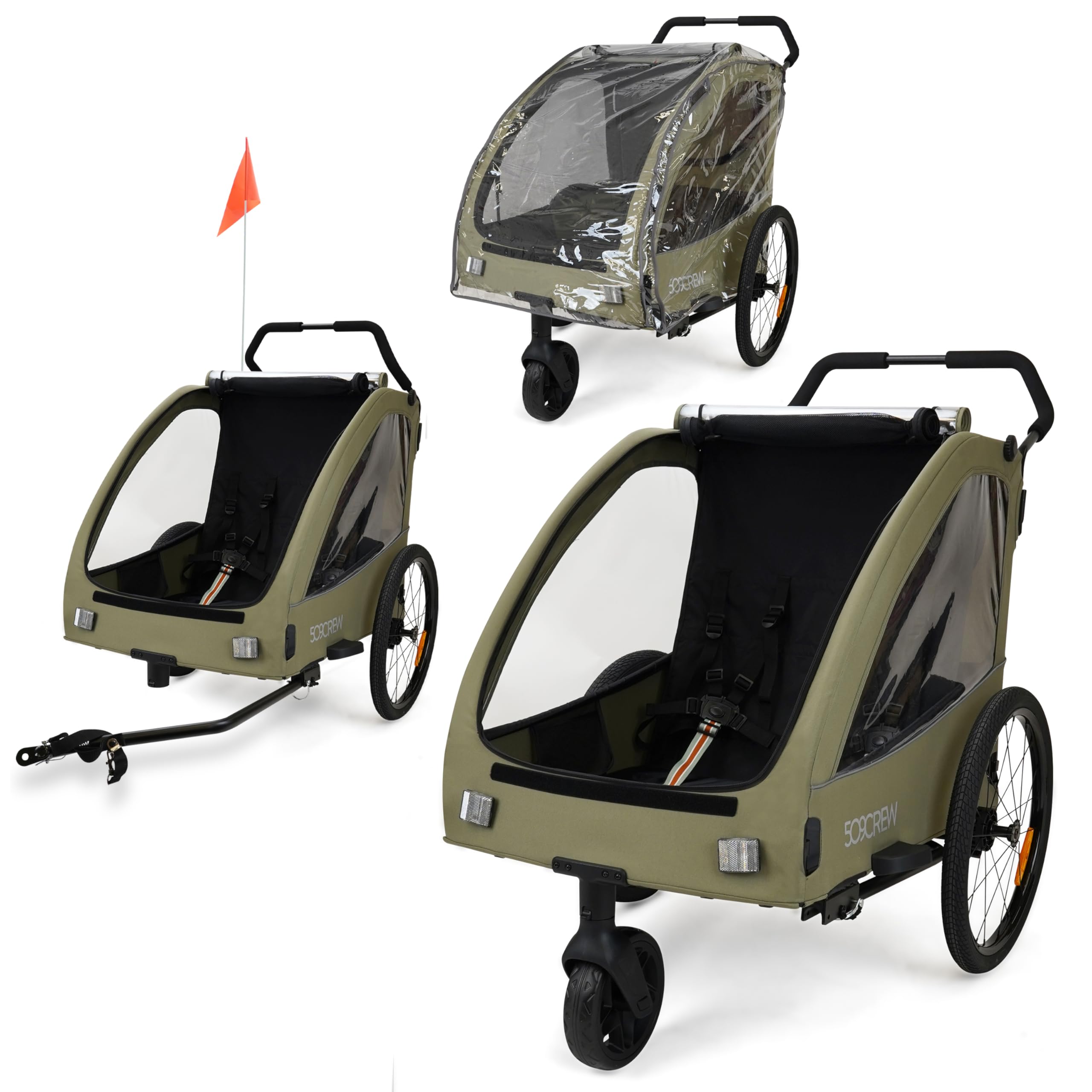 509 Trailer II, Multi Use Bicycle Trailer for Kids from 6m Up, for Pet, for Cargo, Convertible to 3-Wheel Push Wagon, Max Load 50kg, Include Raincover
