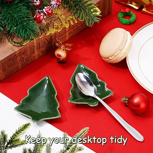 Miniatura 4 de Whaline 4 cucharas de café de Navidad soporte de cerámica con forma de árbol de Navidad soporte de cucharadita verde oscuro soporte para cuchara de