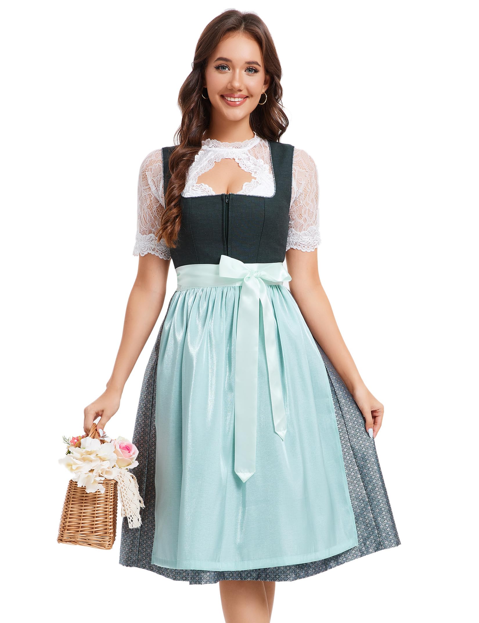 YesFashion Dirndl Damen Midi Trachtenkleid Jacquar Trachtenmode Dirndlkleid inkl. Dirndlbluse Dirndlschürze 3 teilig für Oktoberfest Besondere Anlässe