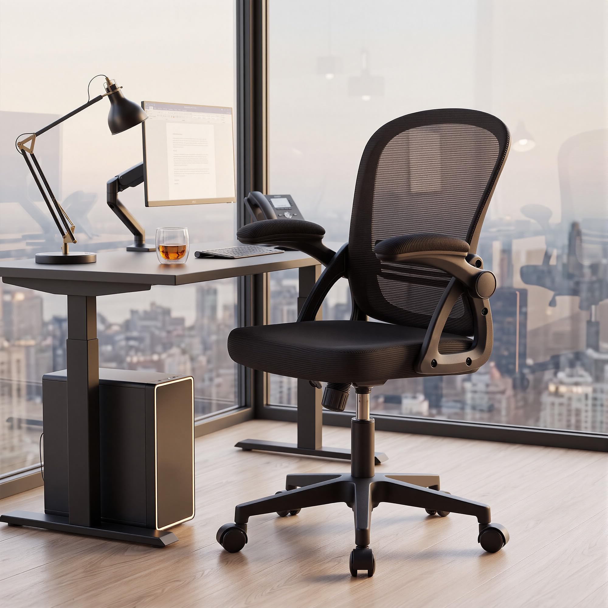 Ergoreal 25W02 Ergonomischer Bürostuhl, 90-110° Verstellbare Rückenlehne & Aufklappbare Armlehnen (90°), Bürostuhl mit Rollen & Höhenverstellung,Homeoffice & Arbeitszimmer