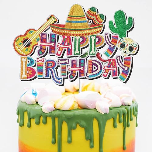 Decoración de pastel de cumpleaños mexicano con purpurina colorida para fiesta temática del Cinco de Mayo para Taco, fiesta, bigote, sombrero de