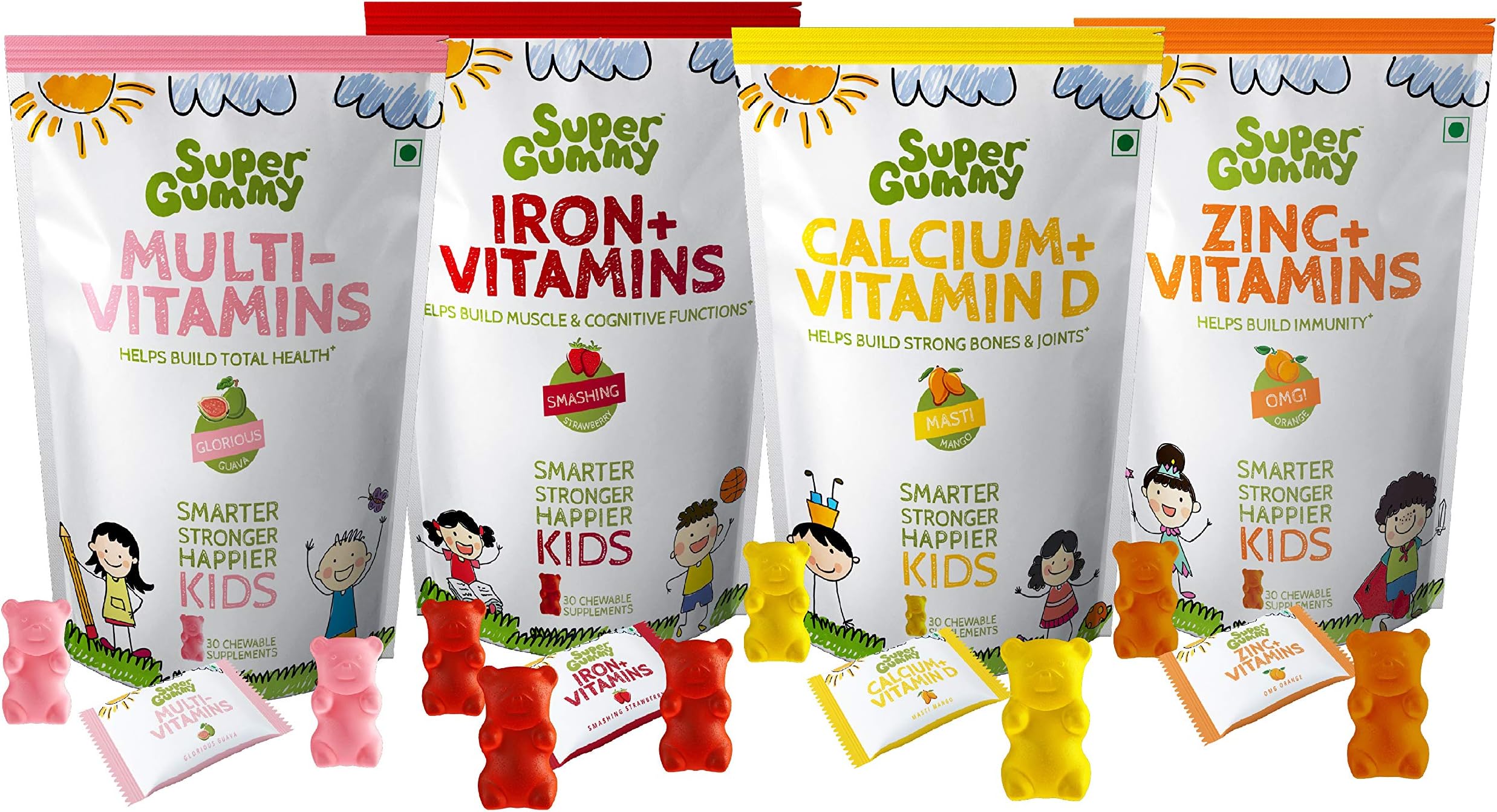 Super Gummy Zinc & Calcium & Iron & Multivitamins Gummies for Kids, Immunity Boost, Strong Bones, Improved Cognition & Overall Health (Combo 4 Pack, 30 Chewable Gummy Bears Per Pack)