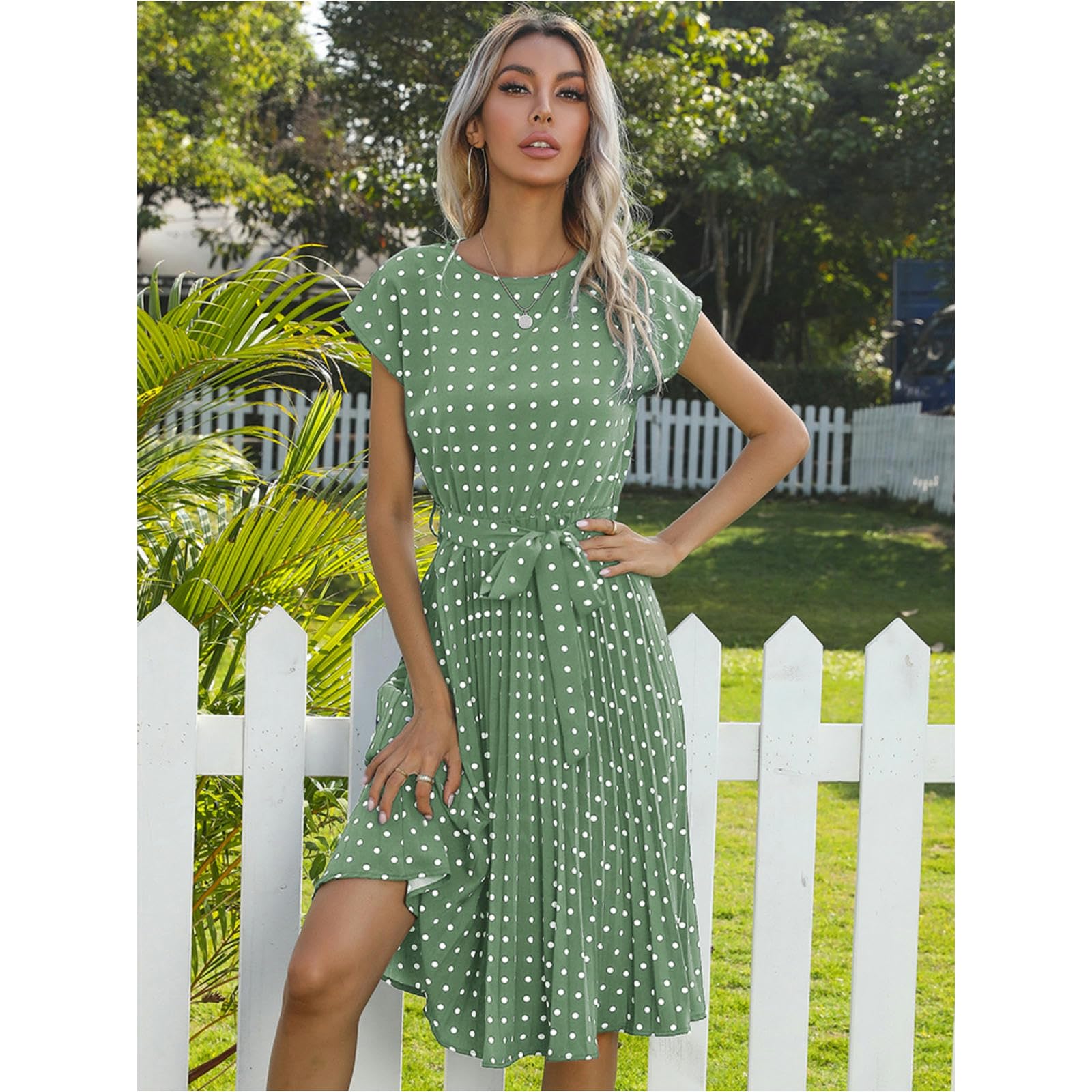 NOGRAX Sukienki damskie plażowe Sundress z krótkim rękawem nadruk w kropki Vestido linia A kwiatowy wysoki stan plisowane sukienki midi