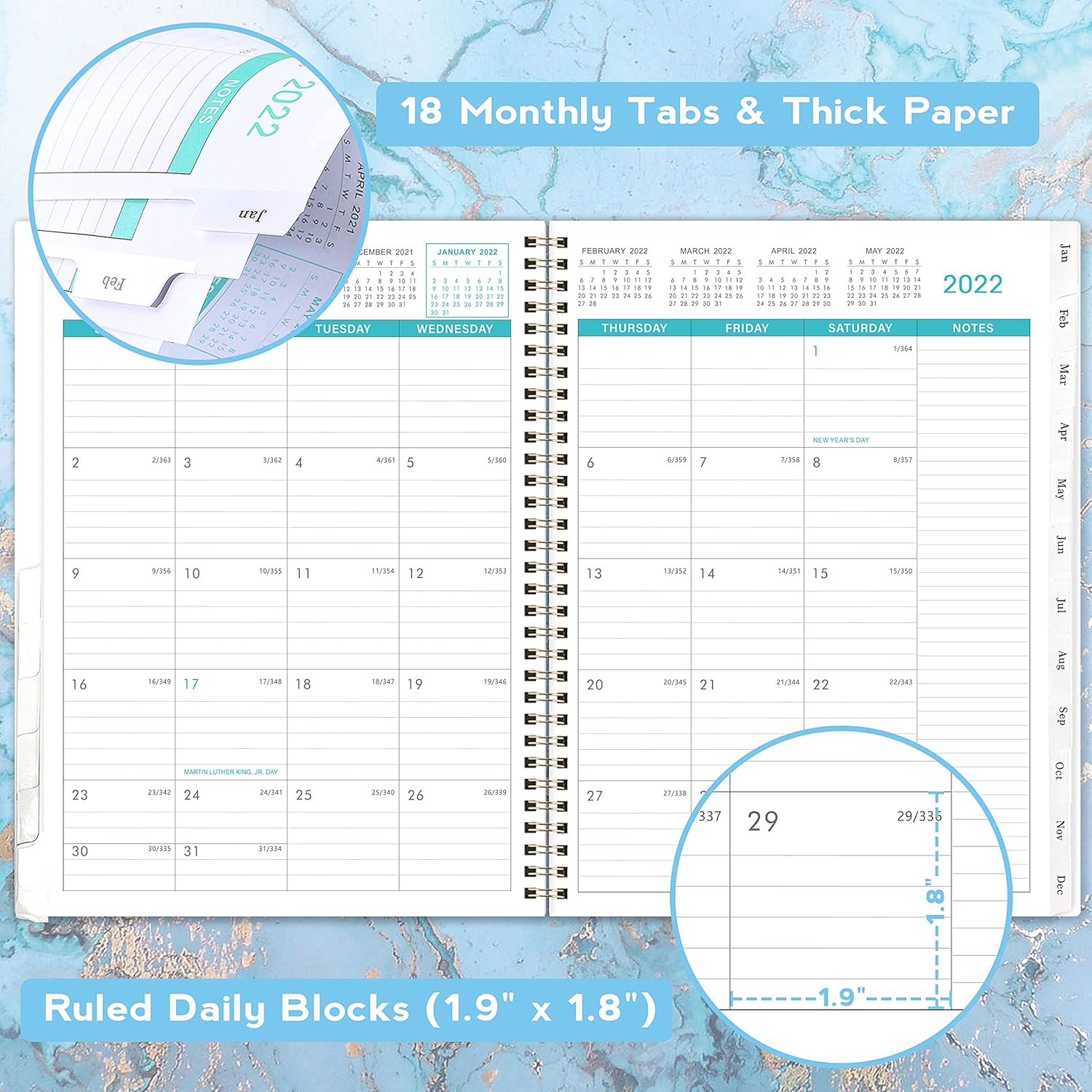 2022 Monthly Planner - 18-Month Planner with Tabs & Pocket, Contacts and Passwords, 9" x 11", Thick Paper, Jul. 2021 - Dec. 2022, Twin-Wire Binding - Gilding by Artfan : Office Products