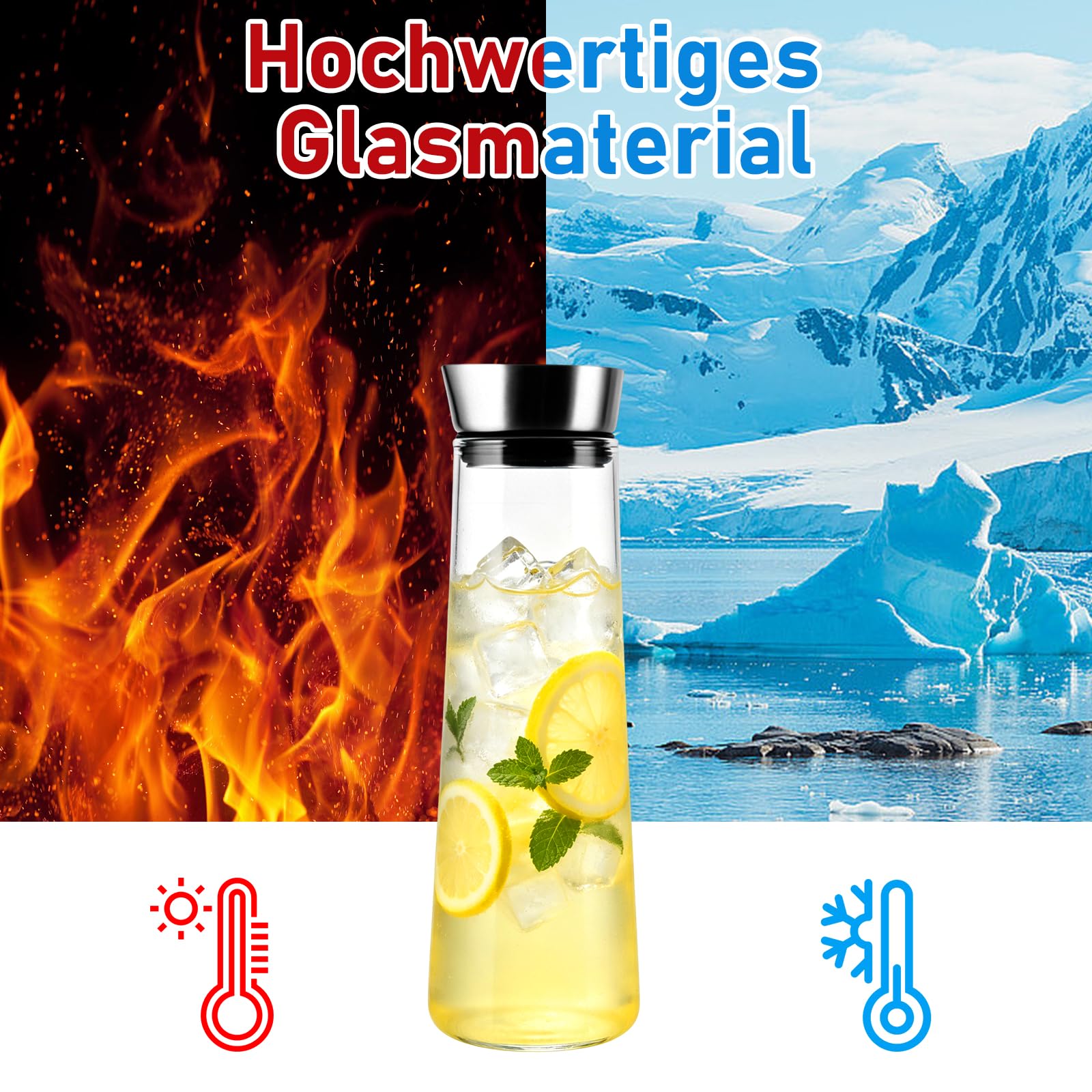 2 caraffe per acqua in vetro da 1500 ml con coperchio in acciaio inox, caraffa in vetro con coperchio da 1,5 l, caraffa per acqua con beccuccio, caraffa per acqua in vetro per bevande fatte in