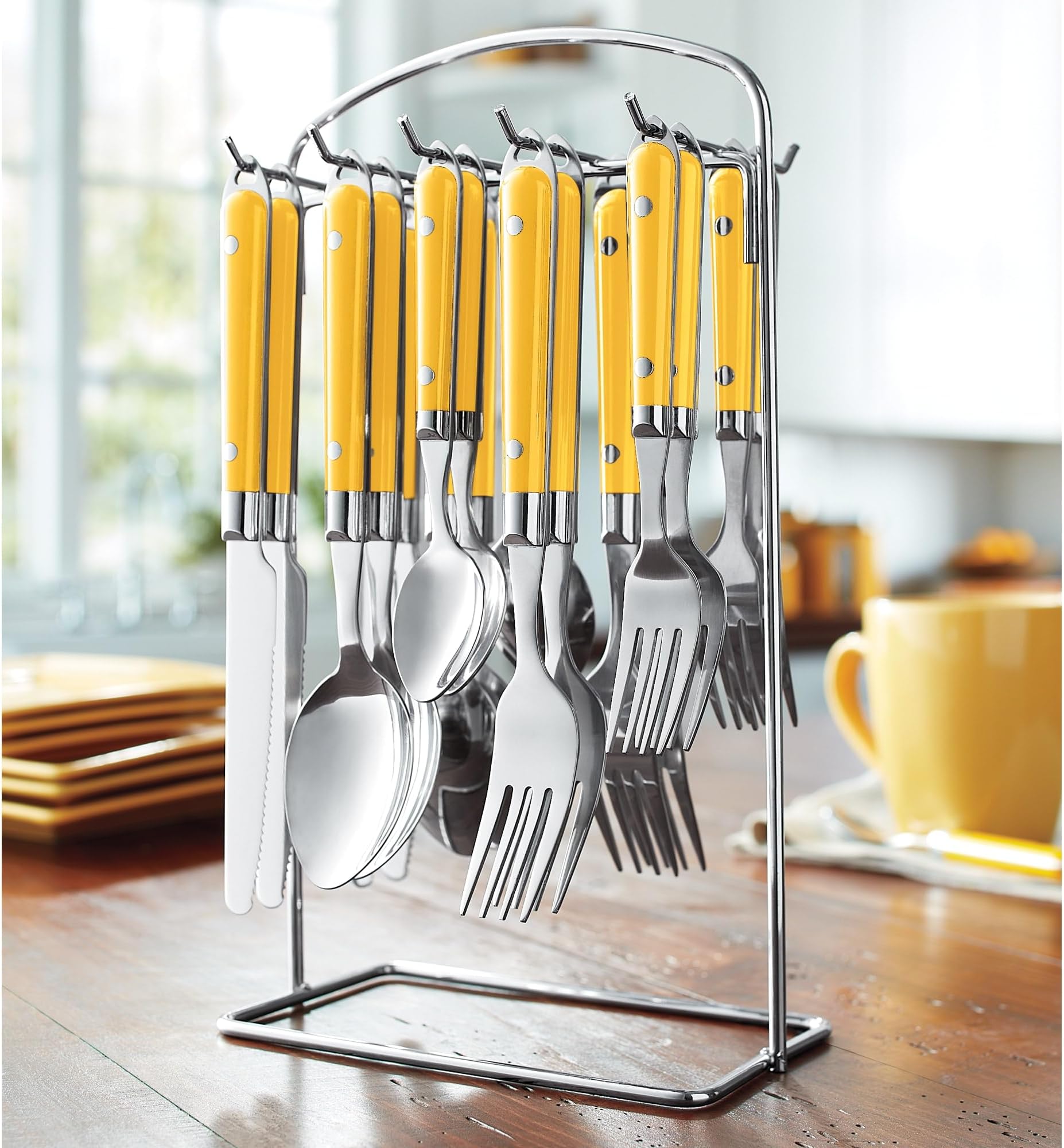 Montgomery Ward 20-Piece Hanging Flatware Set with Rack, Golden Honey - Elegant Stainless Steel Utensils (Golden Honey)