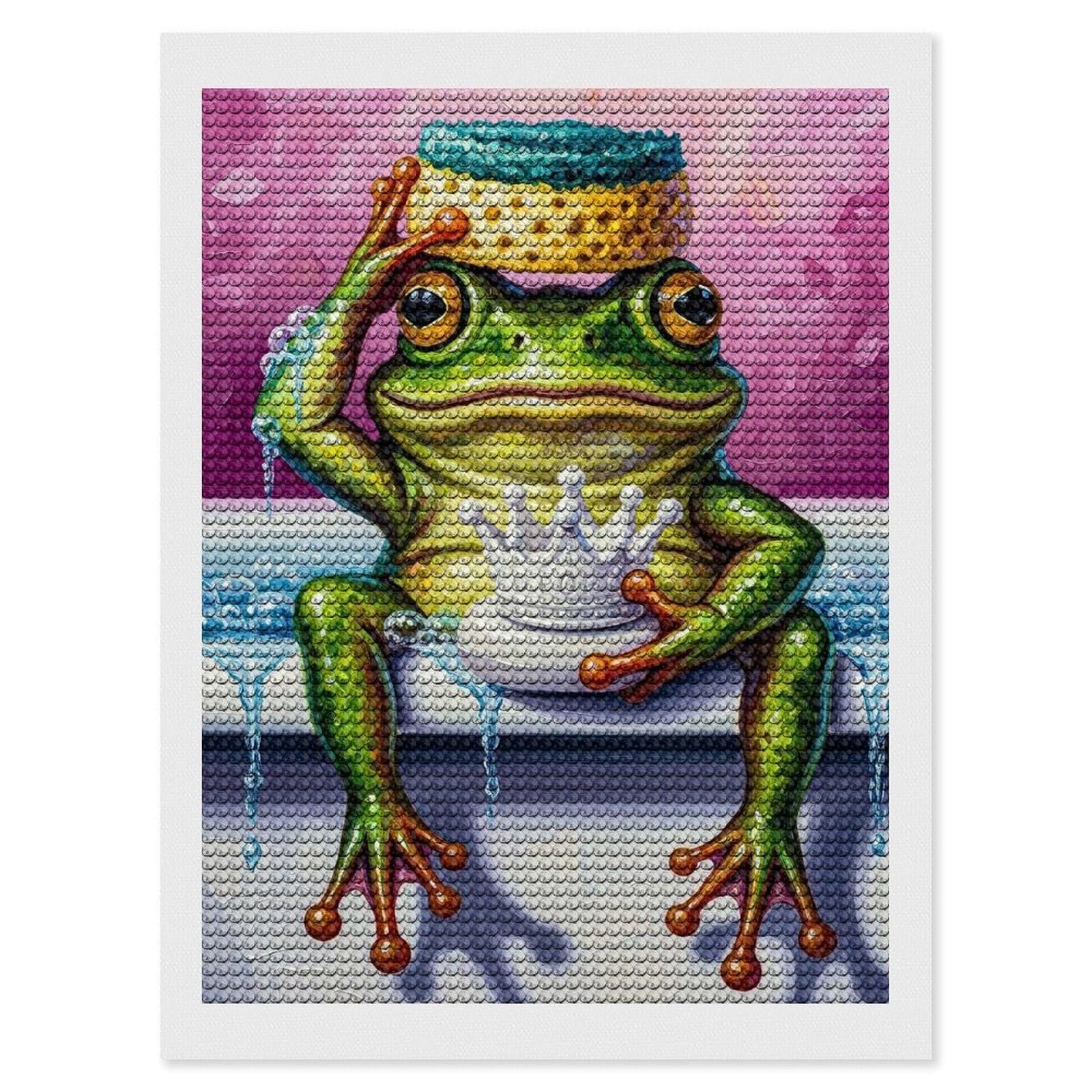 Junmoney Frog King in A Bathtub Diamond Painting Canvas Set 12"x16", for Women, Mindful Craft Activity, Cosy Home Accent, Festive Craft Gift