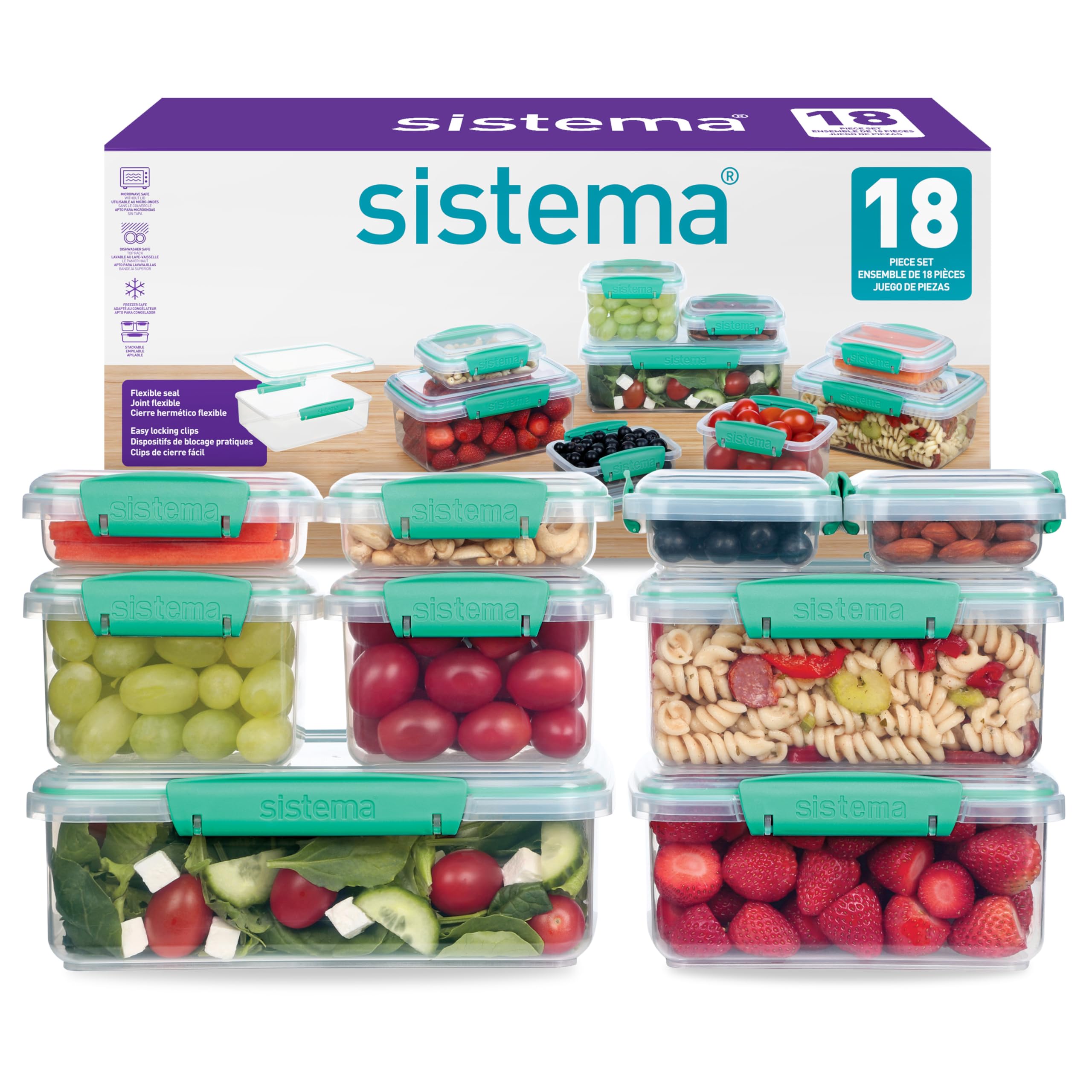 Sistema KLIP Recipientes herméticos para alimentos IT | Recipientes herméticos y apilables para comidas preparadas | Fiambreras escolares y táperes pequeños | 18 unidades (9 recipientes y sus tapas)