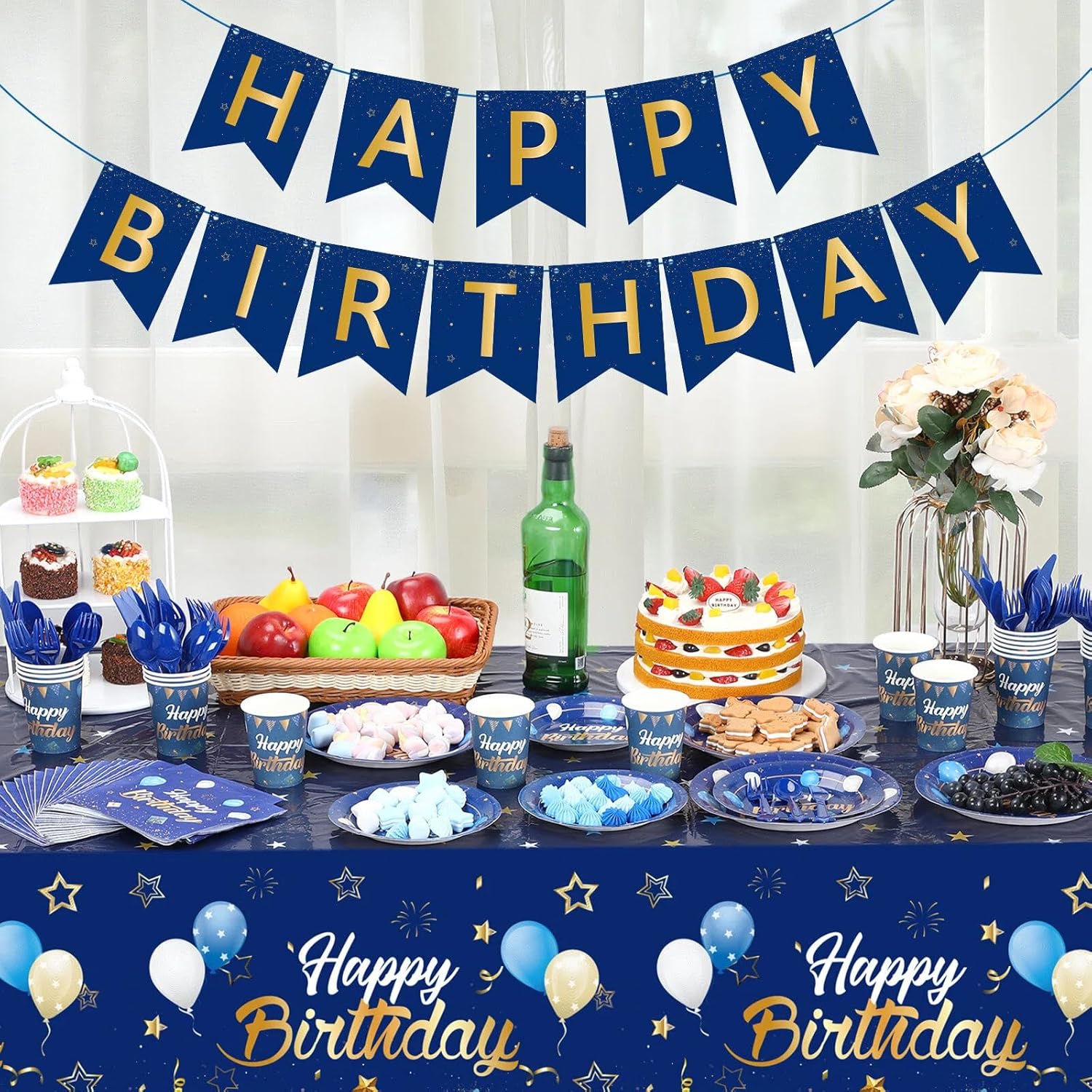 Pajean Blue Happy Birthday Party Tableware Set Birthday Decoration Banner and Tablecloths Decoration Plates Cups Napkins Dinnerware for 24 Guests Party Supplies(Blue and Gold) - Image 7