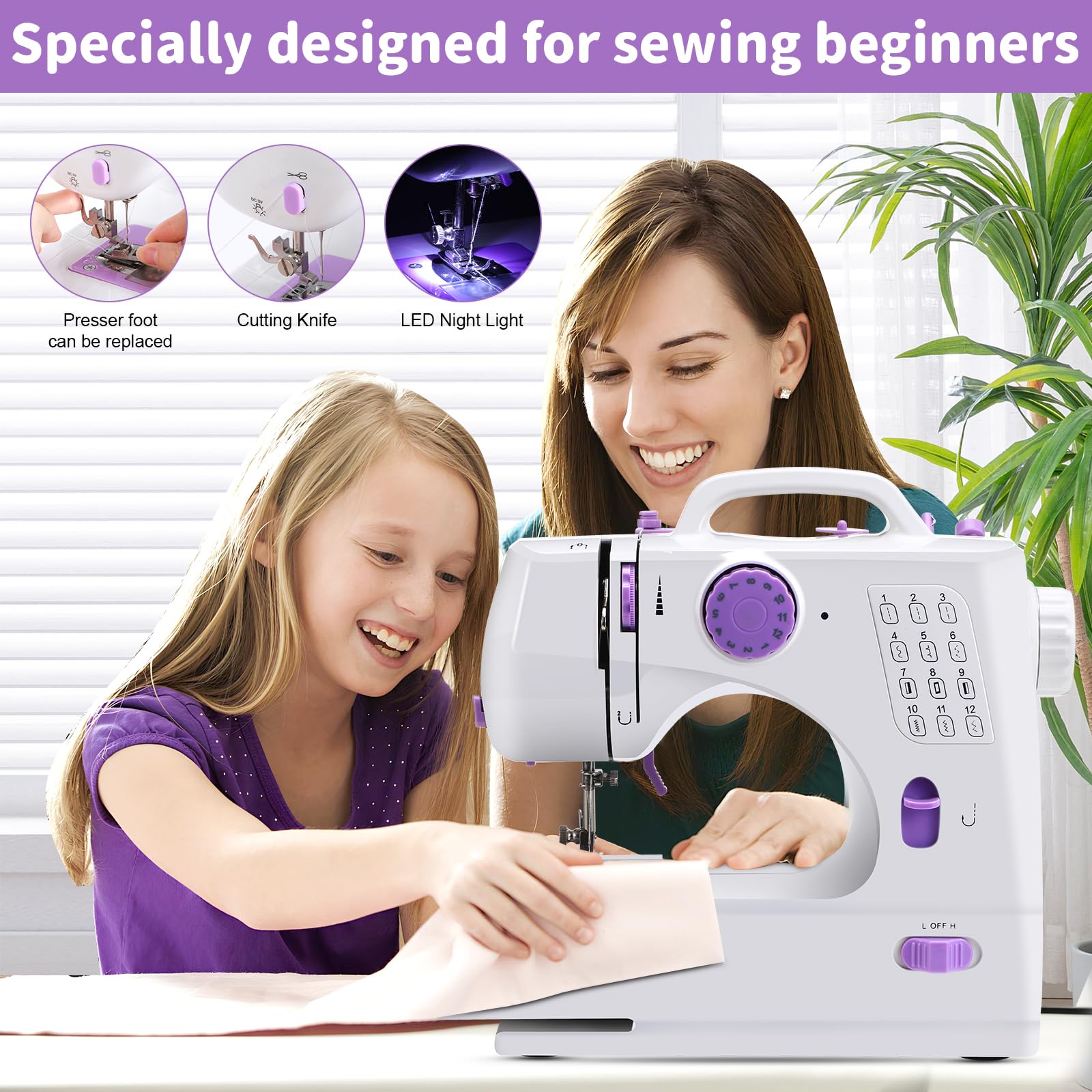 Máquina de coser icyant 12 puntadas, máquina de coser eléctrica multifunción mejorada mini máquina portátil máquinas de coser para principiantes doble hilo, dos velocidades, pedal de puntada inversa