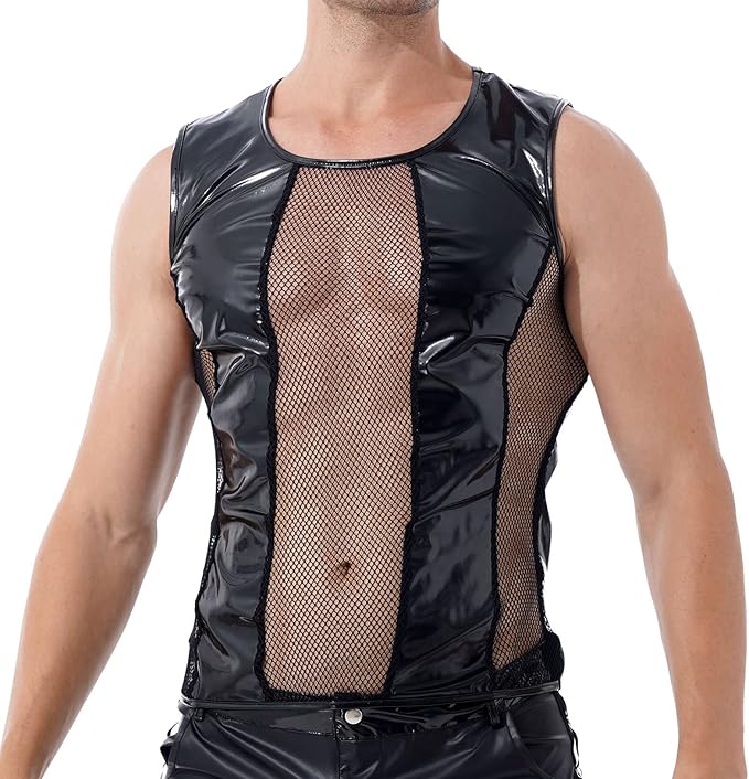 Kaerm Men's Sheer Hollow Out Faux Leather Vest Undershirt Tank