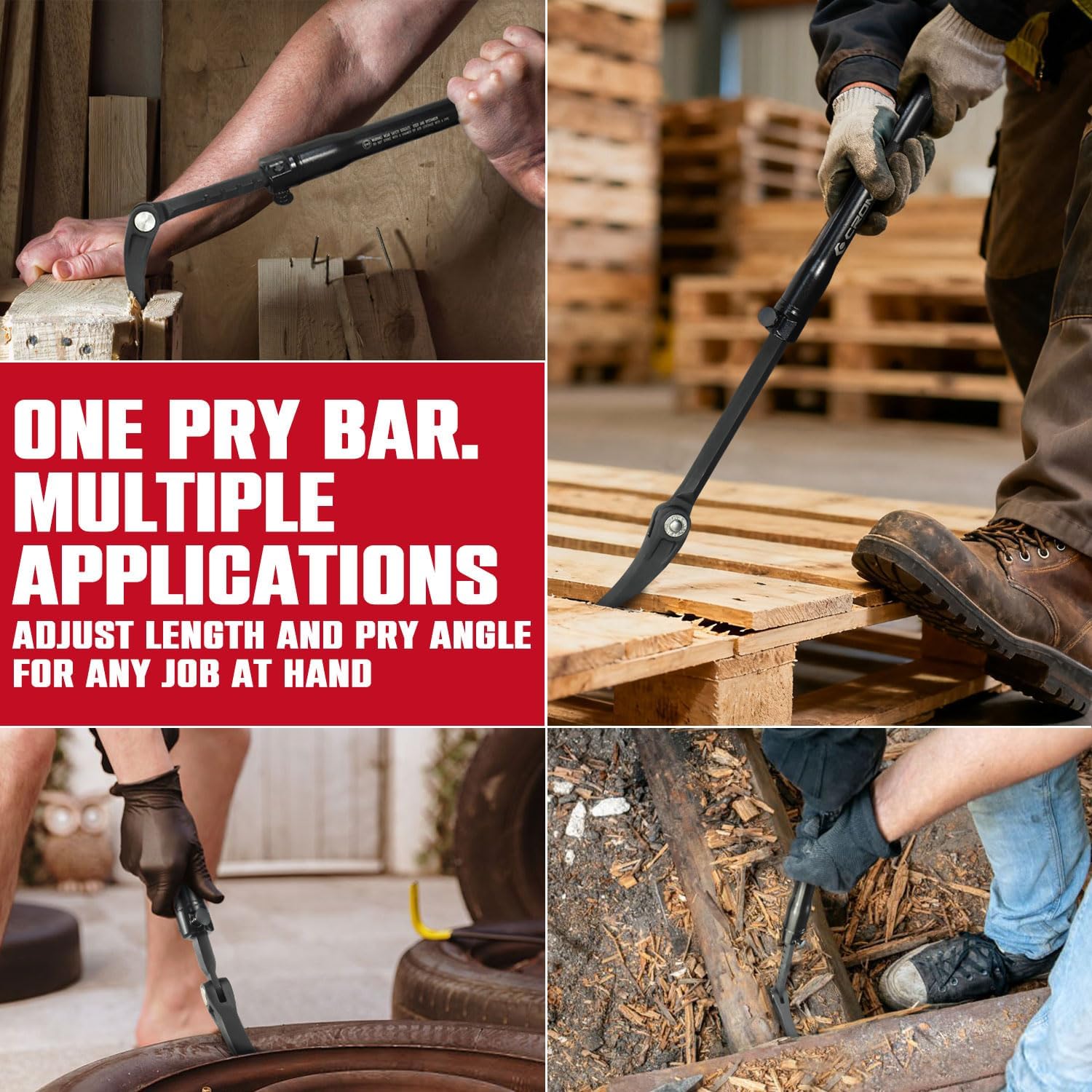 Extendable Adjustable Pry Bar - 14 Indexing Positions, Extends 13.3" to 18.5"