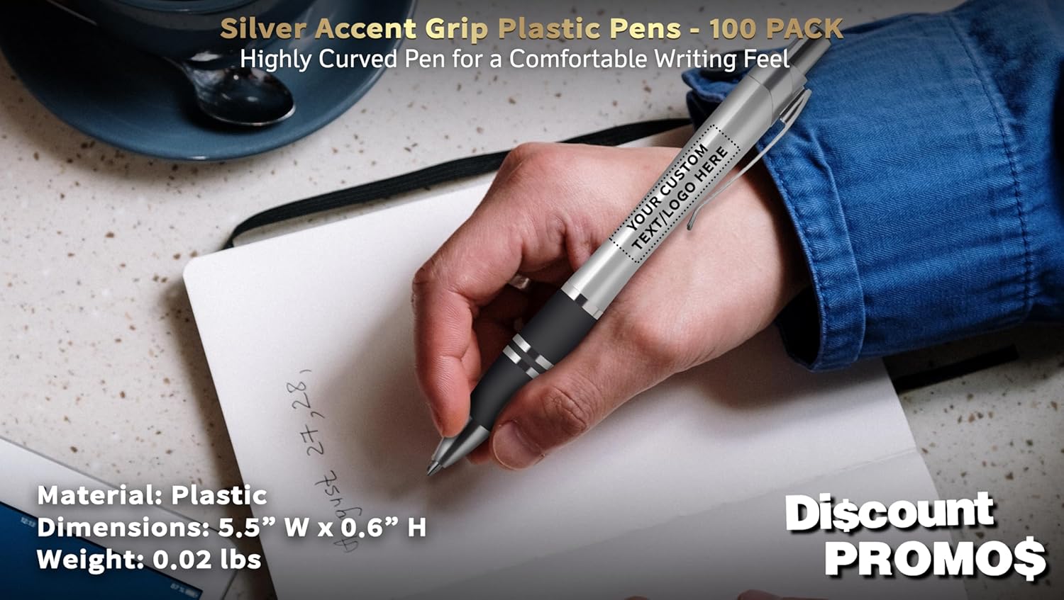 Personalized Plastic Pens Silver Accent Grip, Custom Logo & Text Printing, Pack of 100 by DISCOUNT PROMOS - Ideal for Business, Events & Trade Shows – Silver