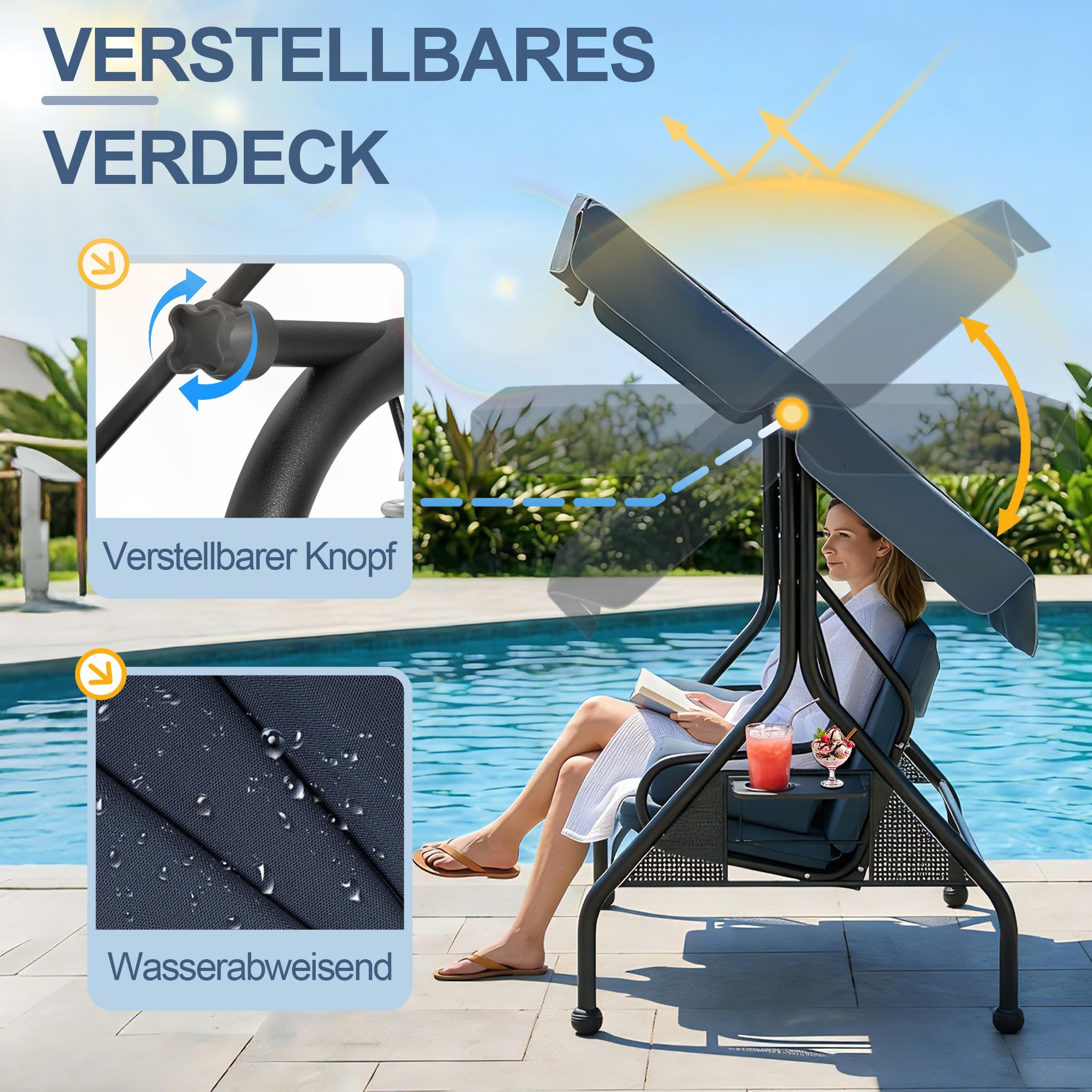 Aufun Hollywoodschaukel 3-Sitzer Garten Schaukelbank mit Verstellbarem Sonnendach und Abnehmbarem Sitzkissen – wetterfeste Gartenschaukel für Terrasse Balkon Gartenliege bis 350 kg (Grau)