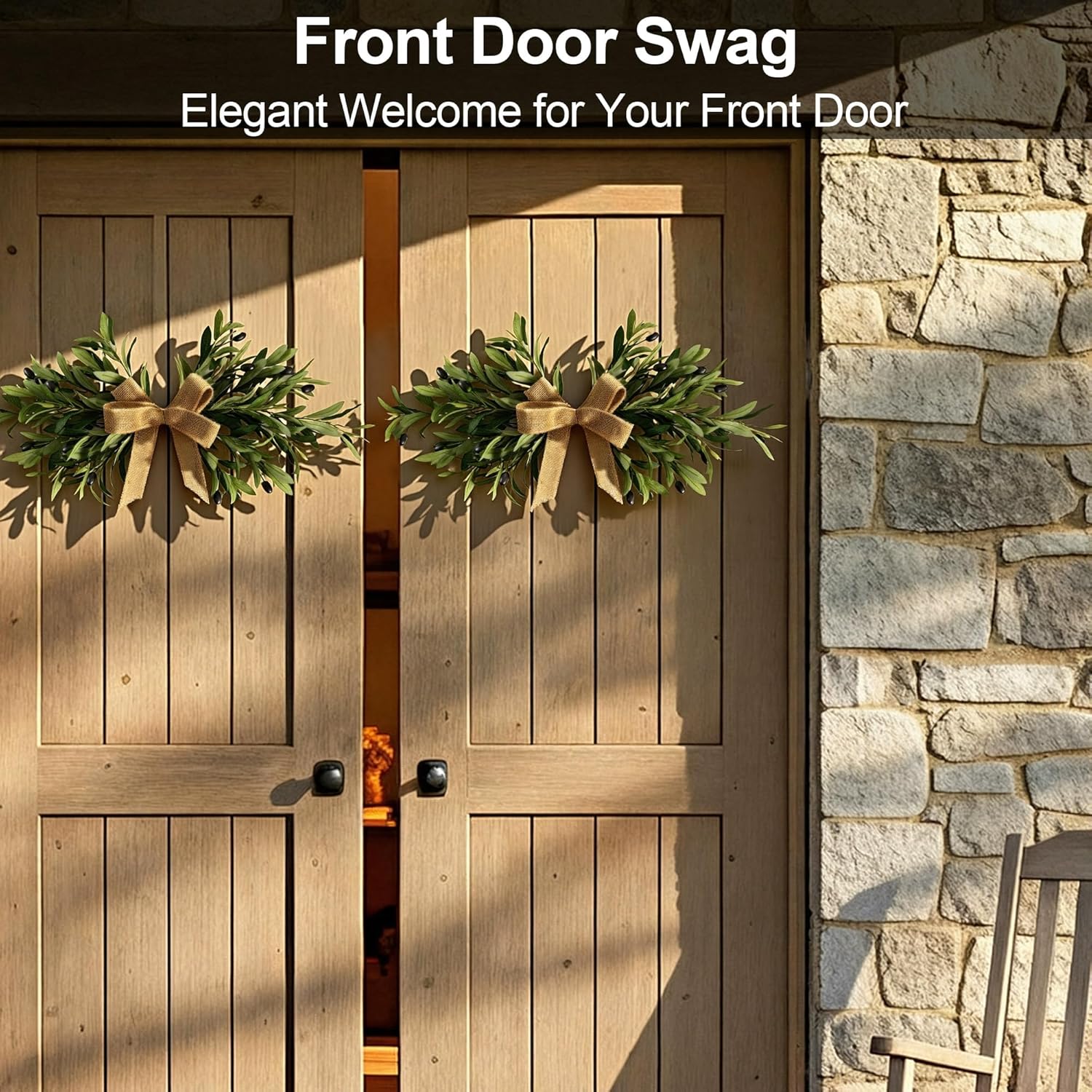 2 Pack 24" Artificial Olive Swag, Full Greenery Swag with Easy-Hang Burlap Bow, Flexible Realistic Olive Branch Wreath for Front Door, Wedding Arch, Wall, Farmhouse Home Decor