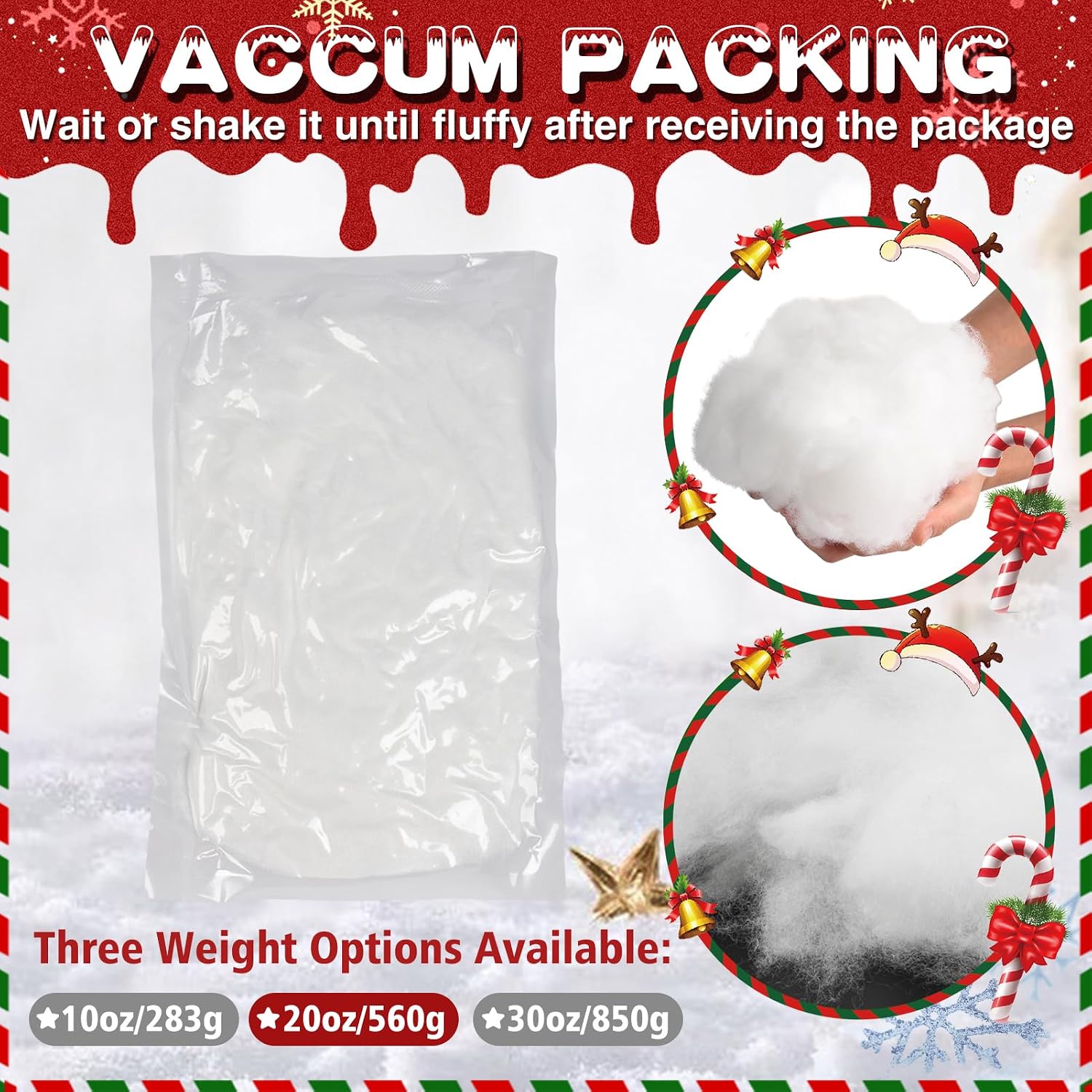 Biggun 20oz Fluffy Fake Snow Decorations - Christmas Artificial Snow Blanket, Indoor Xmas Faux Snow Fiber Cotton Snow Fluff for Winter Christmas Village Tree Decorating, Gifts for Women