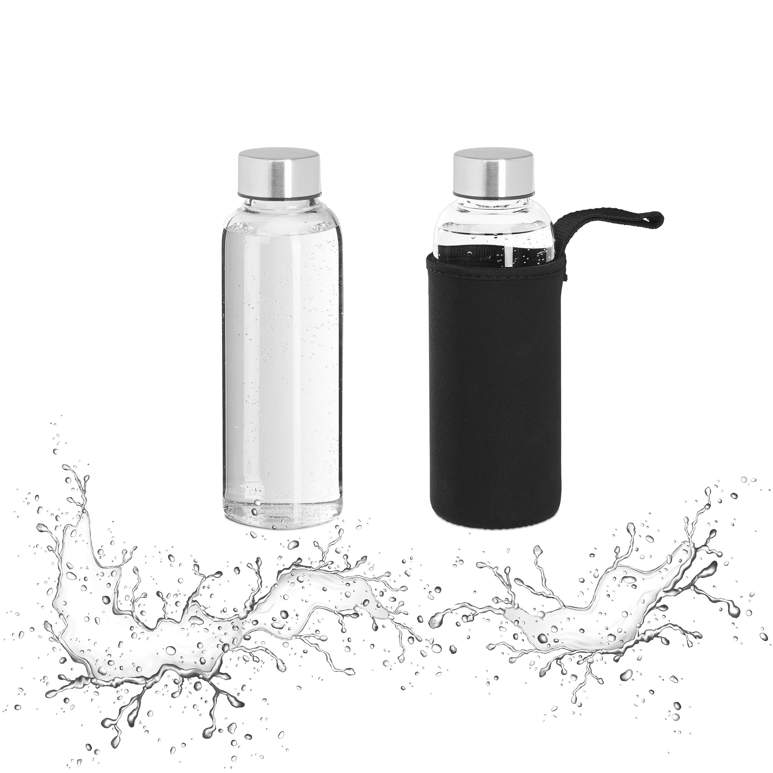 Relaxdays 2 Botellas Agua Reutilizables 360ml, Cantimplora con Funda, Hermética, Vidrio, 20 x 6 cm, Transparente/​Negro