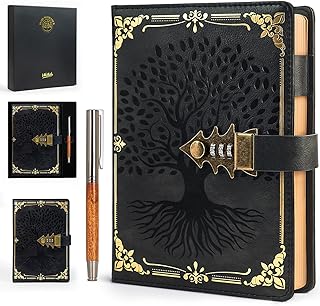 WEMATE Lock, dziennik z długopisem i pudełkiem prezentowym, A5, 260 stron, do wielokrotnego napełniania, skórzany notatnik z hasłem, do pisania, vintage, dla kobiet, dziewcząt, mężczyzn, studentów