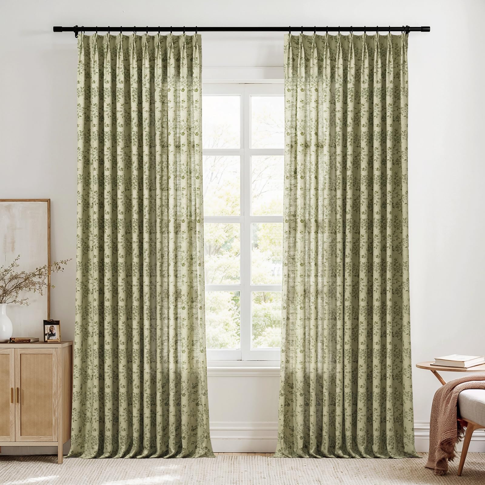 TWOPAGES Pinch Pleated Floral Curtain 84 Inch Long Light Filtering Privacy Drape Linen Textured Printed Curtain for Kitchen Bathroom (Vintage Linen,