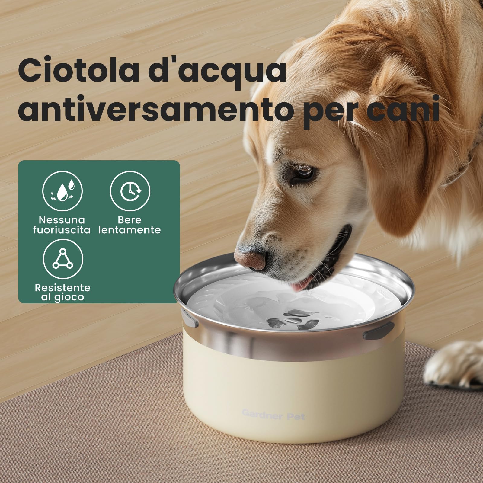 Gardner Pet Ciotola Acqua Cane Antigoccia, 3,85L Ciotola per Cani in Acciaio Inox a Prova di Fuoriuscite, Anti-Ingoio per Cani di Taglia Grande, Adatta per Interno ed Esterno, Previene Gocce, Bianco