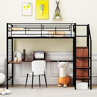 Twin Size Metal Loft Bed with Desk and Metal Grid, Modern Style Frame Bed