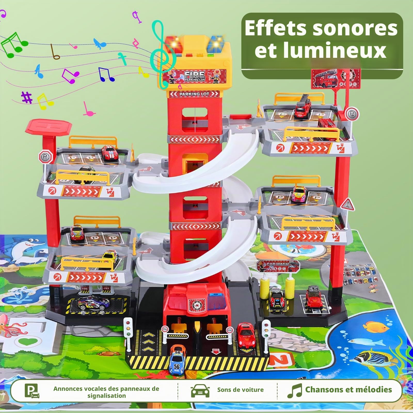 Kit de jeu de parking à 5 étages pour enfants de 3 ans avec ascenseur de stationnement inclus, grand parking jouet avec 12 voitures et 1 avion, comme cadeau pour les enfants à partir de trois ans