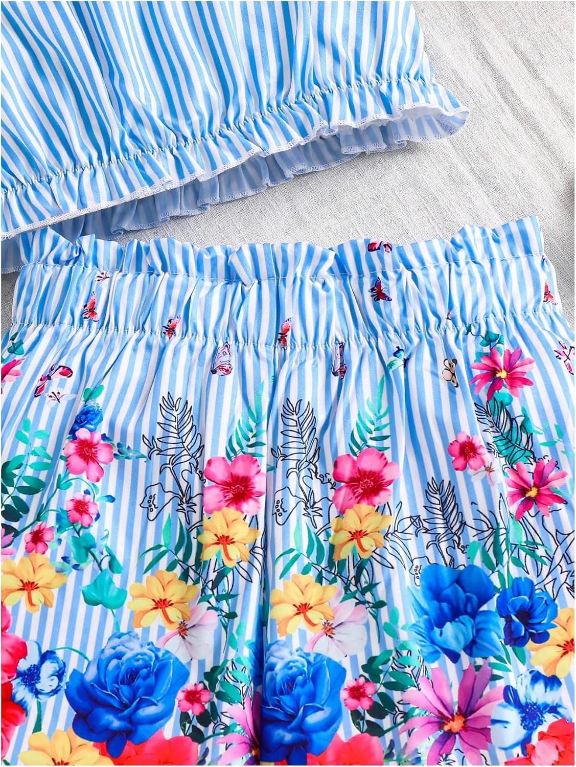 OYOANGLE Girl's 2 Piece Outfits Boho Striped Cami Crop Top and Floral High Waisted Shorts Clothing Set
