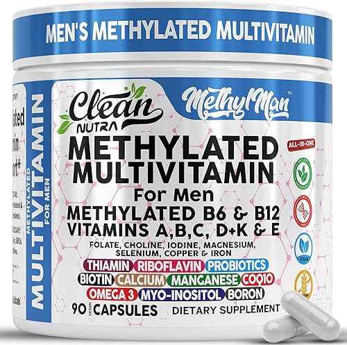 Methyl Man Multivitamínico metilado para hombres A B6 B12 C D K E tiamina folato colina Omega 3 boro yodo magnesio selenio calcio probióticos