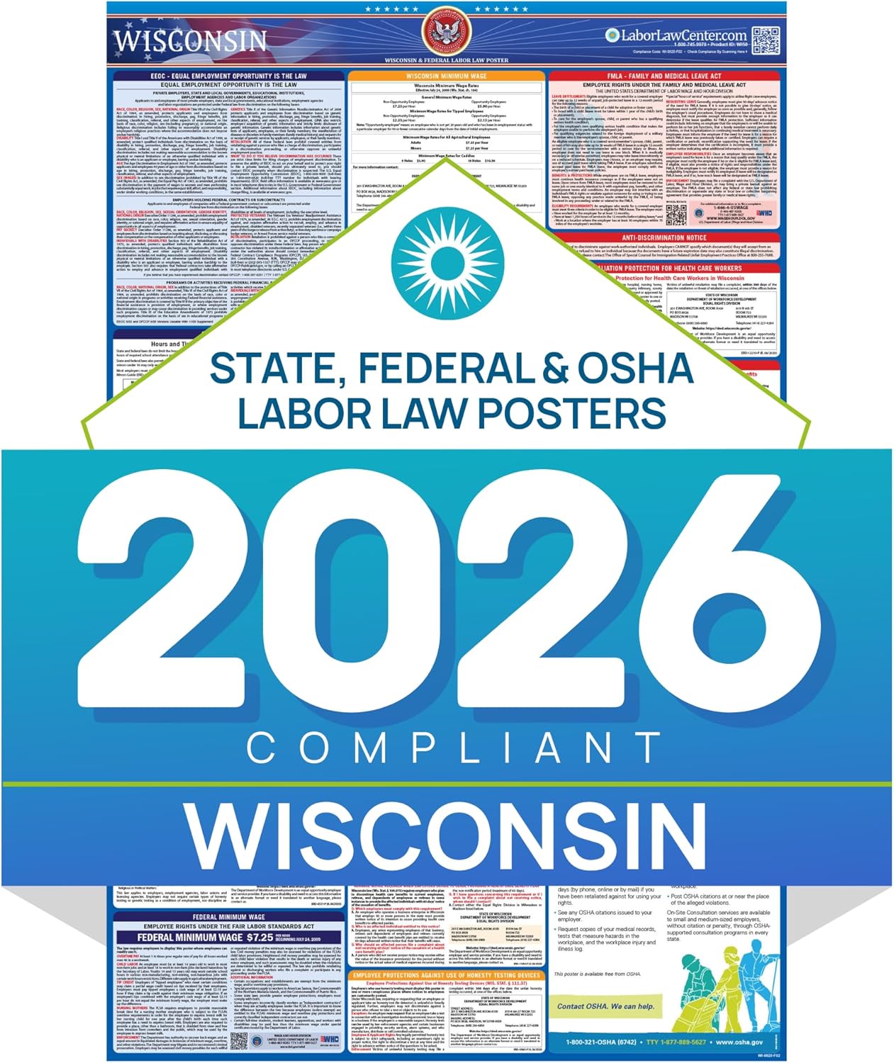 Wisconsin 2026 Labor Law Poster – State & Federal Compliance – OSHA, EEOC, FMLA, Minimum Wage – Durable, Laminated & Waterproof Workplace Employment Poster – Made in USA – 26” x 39.5”