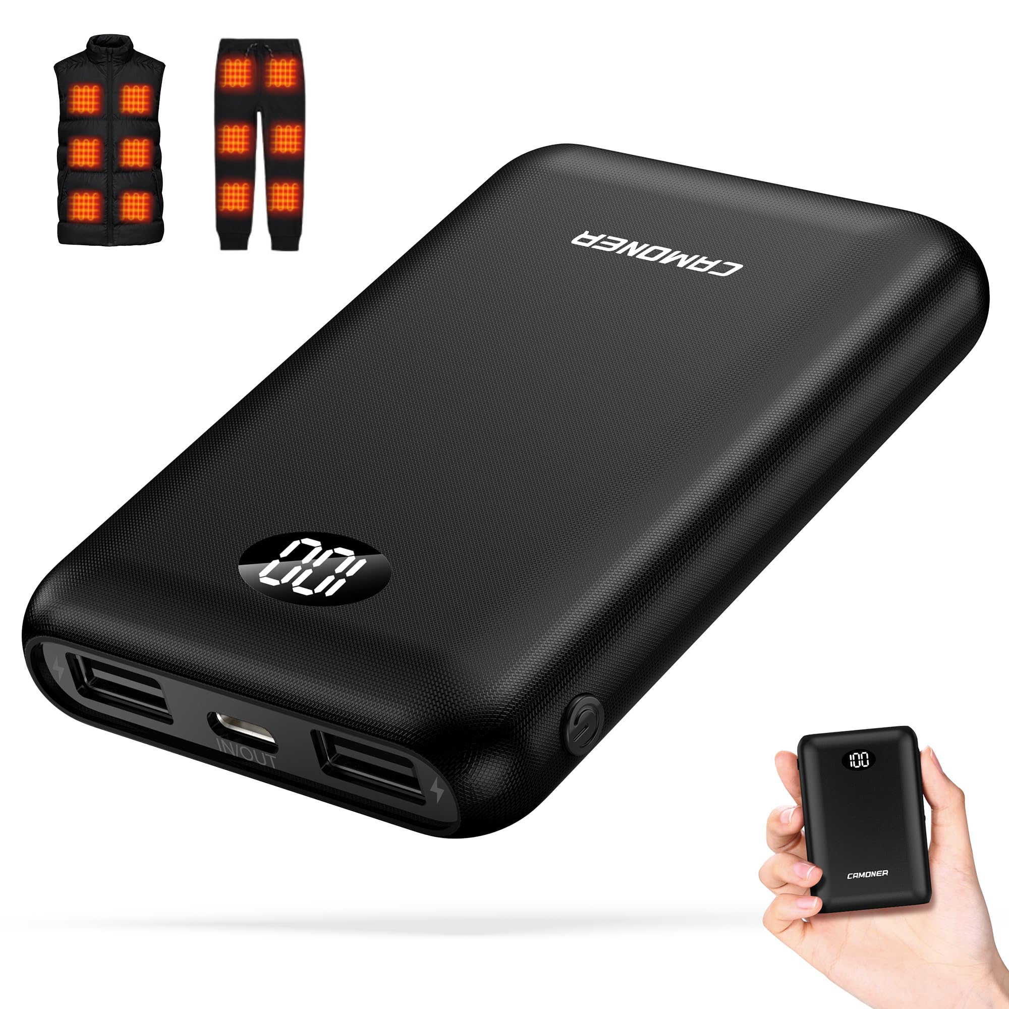 5V 3A 2A 10000mAh Heated Vest Battery Pack Power Bank for Heated Vest Chair Jacket Blanket with LED