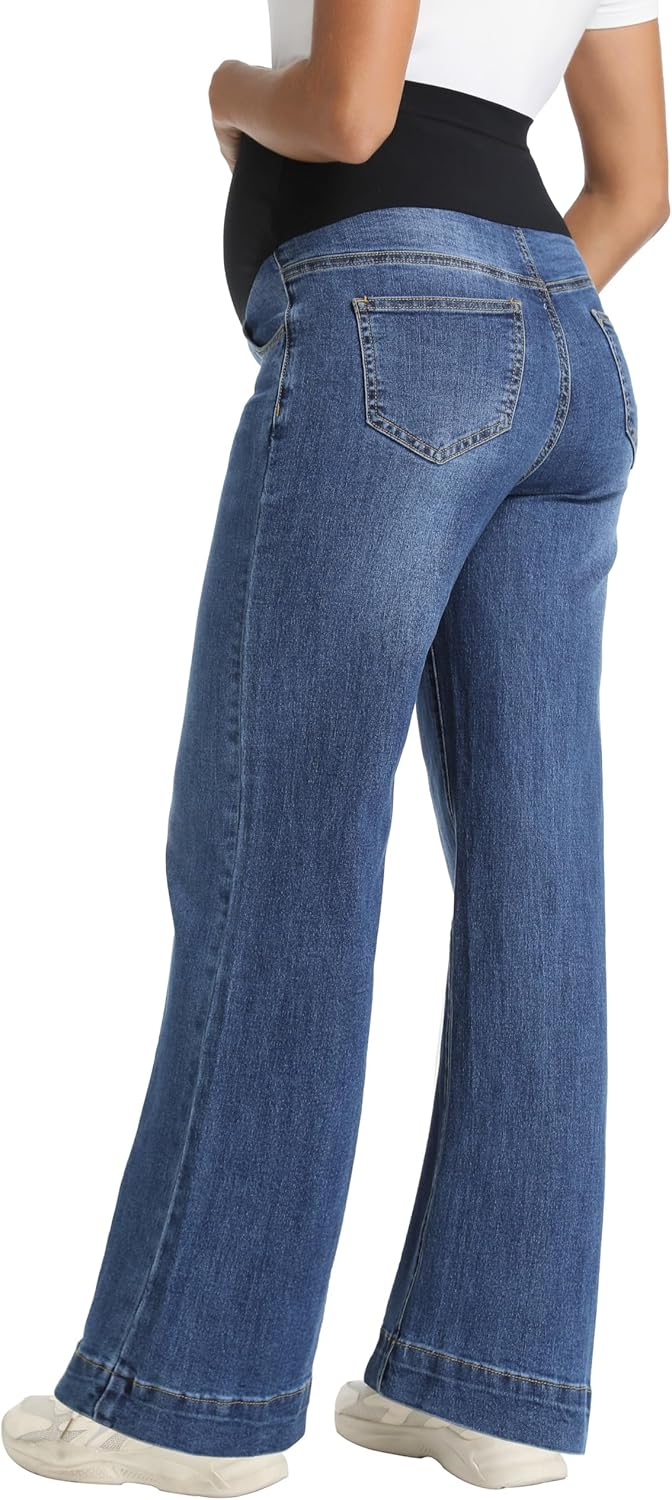 Foucome Women's Maternity Jeans Wide Leg Trendy Comfy Stretchy Straight Leg Pregnancy Denim Pants - Image 5