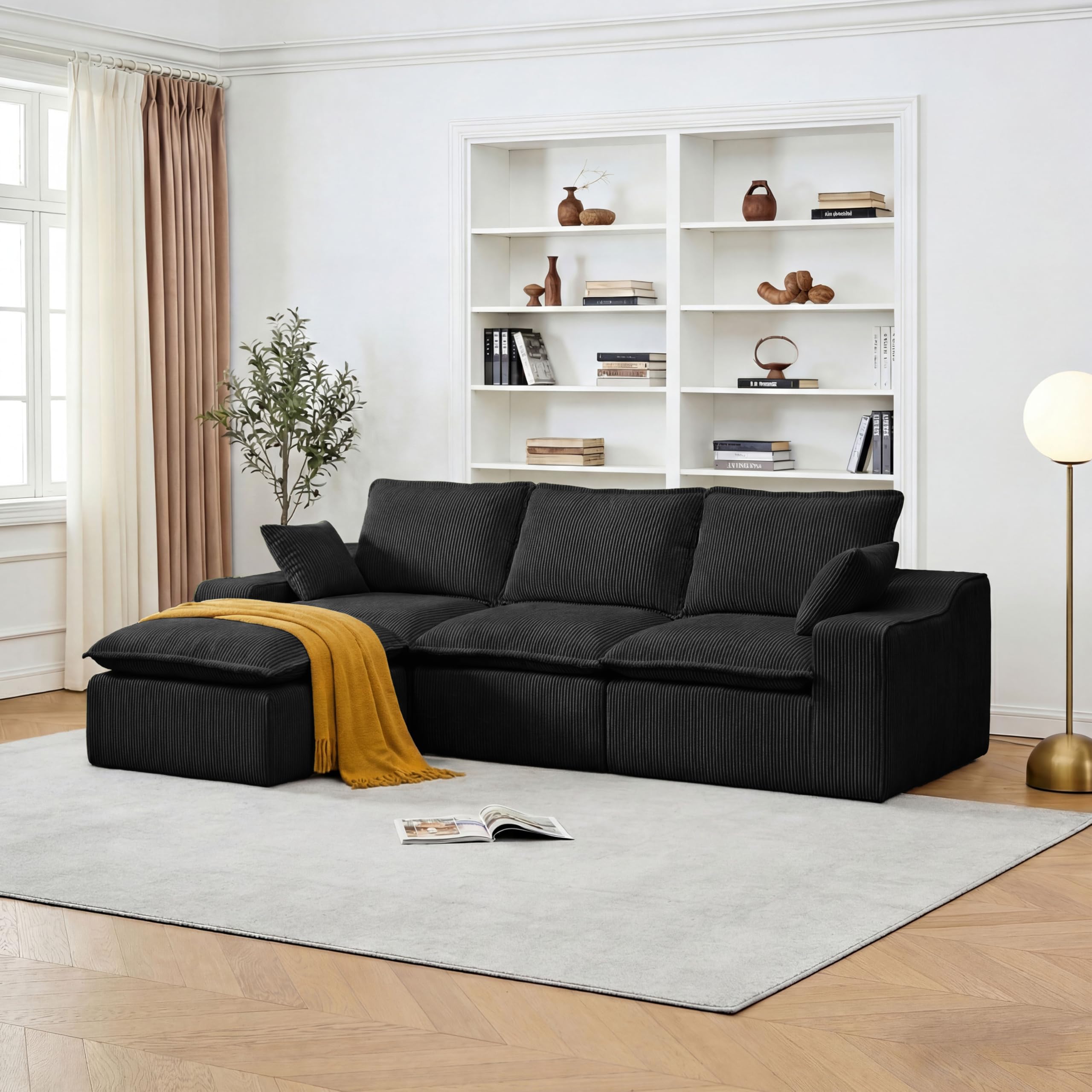 Vipbear Divano 4 Posti con 1 Pouf, Divano Cloud in Tessuto di Velluto a Coste con Seduta Profonda Imbottita, Seduta Extra Profonda e Morbida, Modulare Divano a L per il Soggiorno, Nero