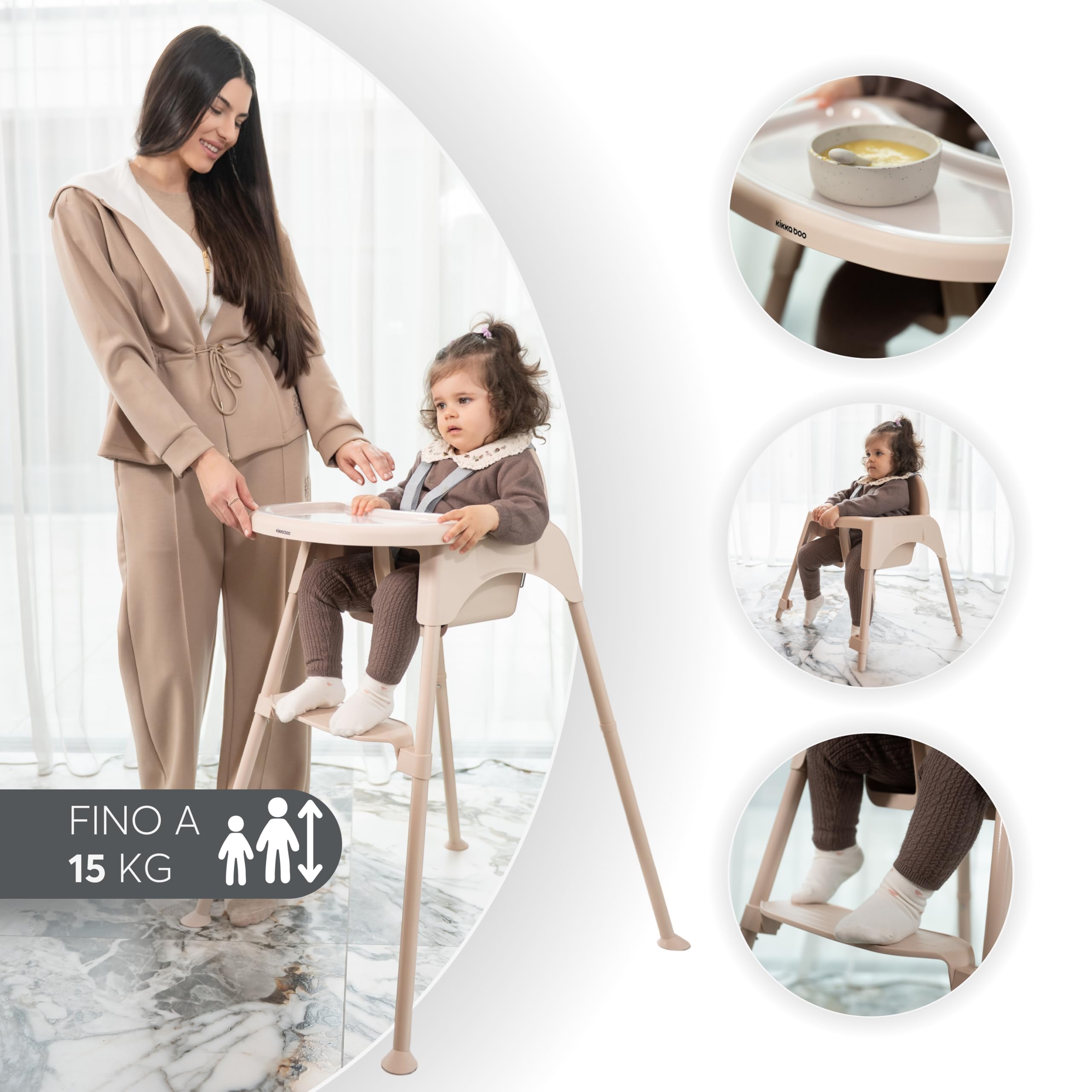 Seggiolone Pappa OATY 2 in 1, Seggiolone Evolutivo 6 Mesi-3 Anni | Gambe Antiscivolo, Doppio Vassoio e Portabicchiere, Cintura a 5 Punti, Senza Attrezzi, Beige