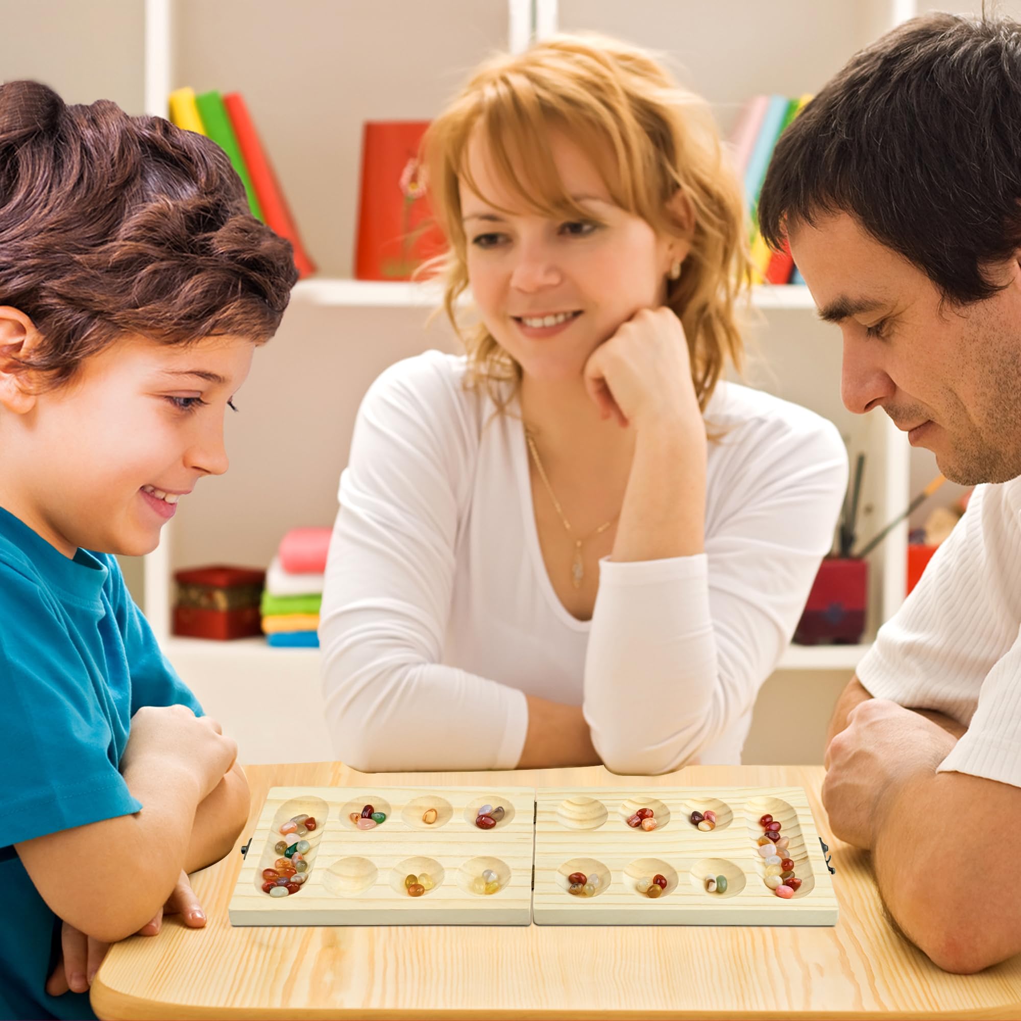 VingaHouse Mancala Board Game, Kalaha Board Game Folding Wooden Board + Natural Stone Pebbles, Families Board Games - Image 4