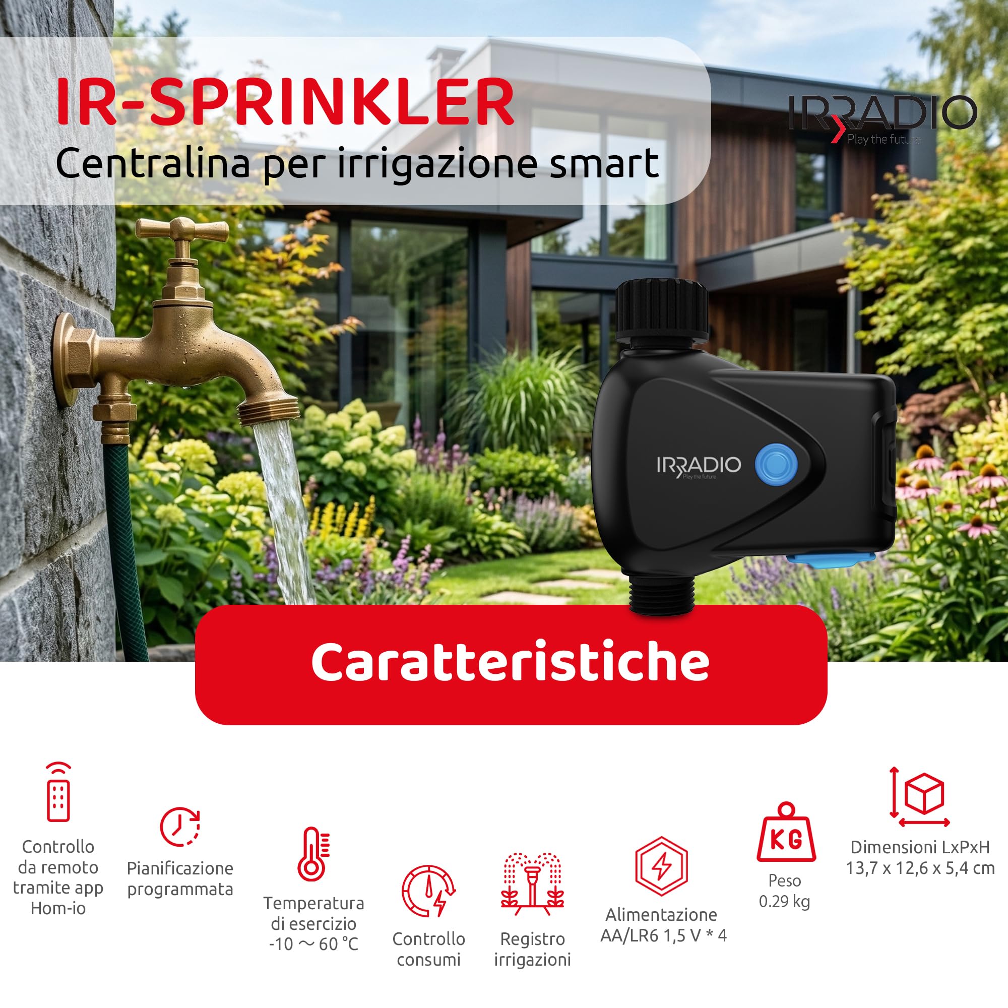 IRRADIO IR-SPRINKLER Inteligentny sterownik nawadniania WiFi z miernikiem zużycia | Inteligentne nawadnianie zewnętrzne | Sterowanie za pomocą aplikacji | Możliwość integracji z innymi inteligentnymi