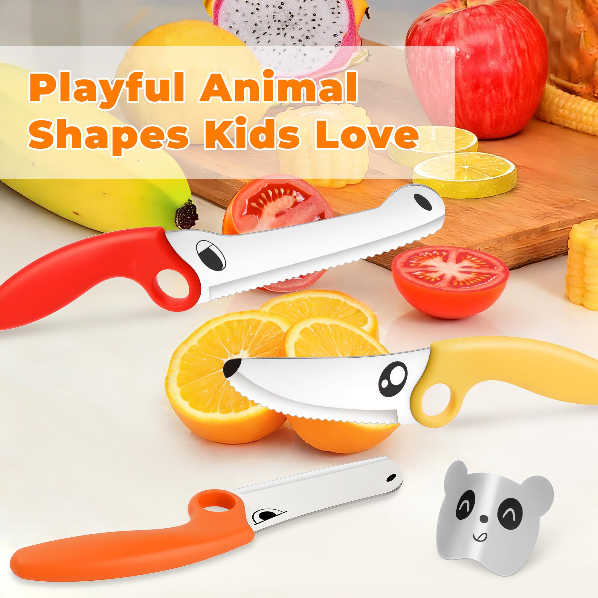 Kinder Küchenmesser-Set mit Lernring, 7-teiliges Tier-Kochwerkzeug-Set, sichere Edelstahlmesser, Fingerschutz & Schneidebrett, Montessori Kochset für Kinder