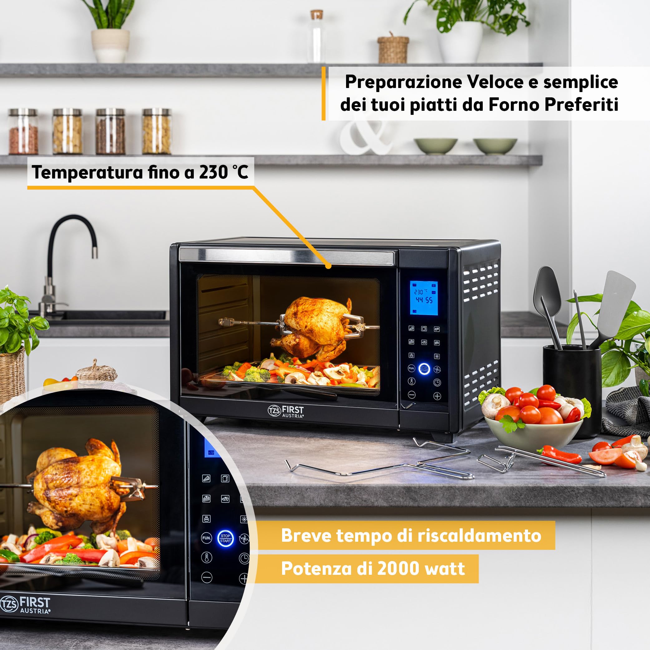 TZS First Austria - Mini Forno 45L 2000W con Premium-X Coating - Fornetto Digitale temperatura fino a 230°C & 4 Livelli - Timer di 180 min & 8 modalità - Spiedo rotante - Cocinas pequeñas & camping