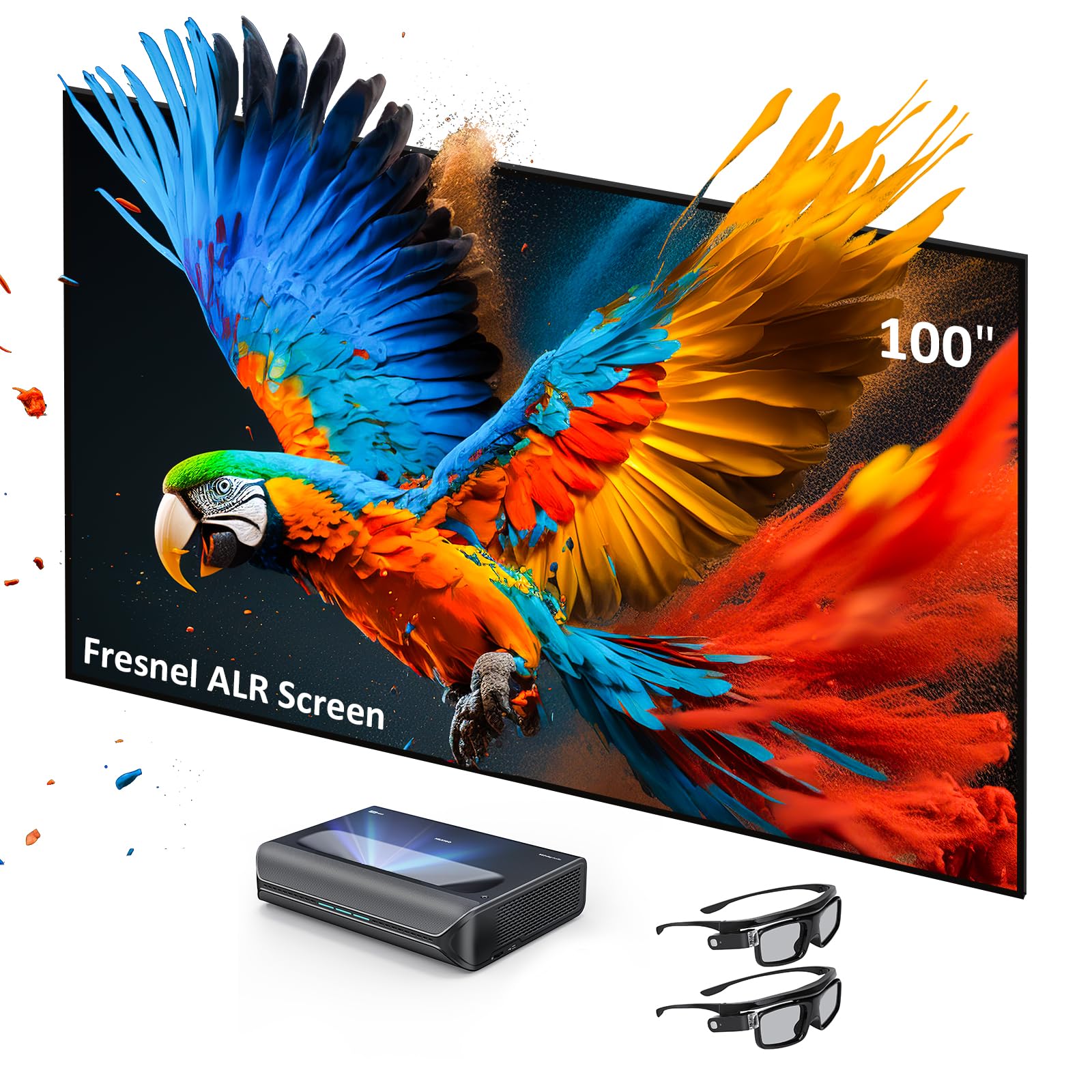 NexiGo Aurora Pro Ultra Short Throw 4K Tri-Color Laser Projector with 100" Fresnel ALR Screen and DLP Link 3D Glasses, 2400 Lumens Brightness, Dynamic