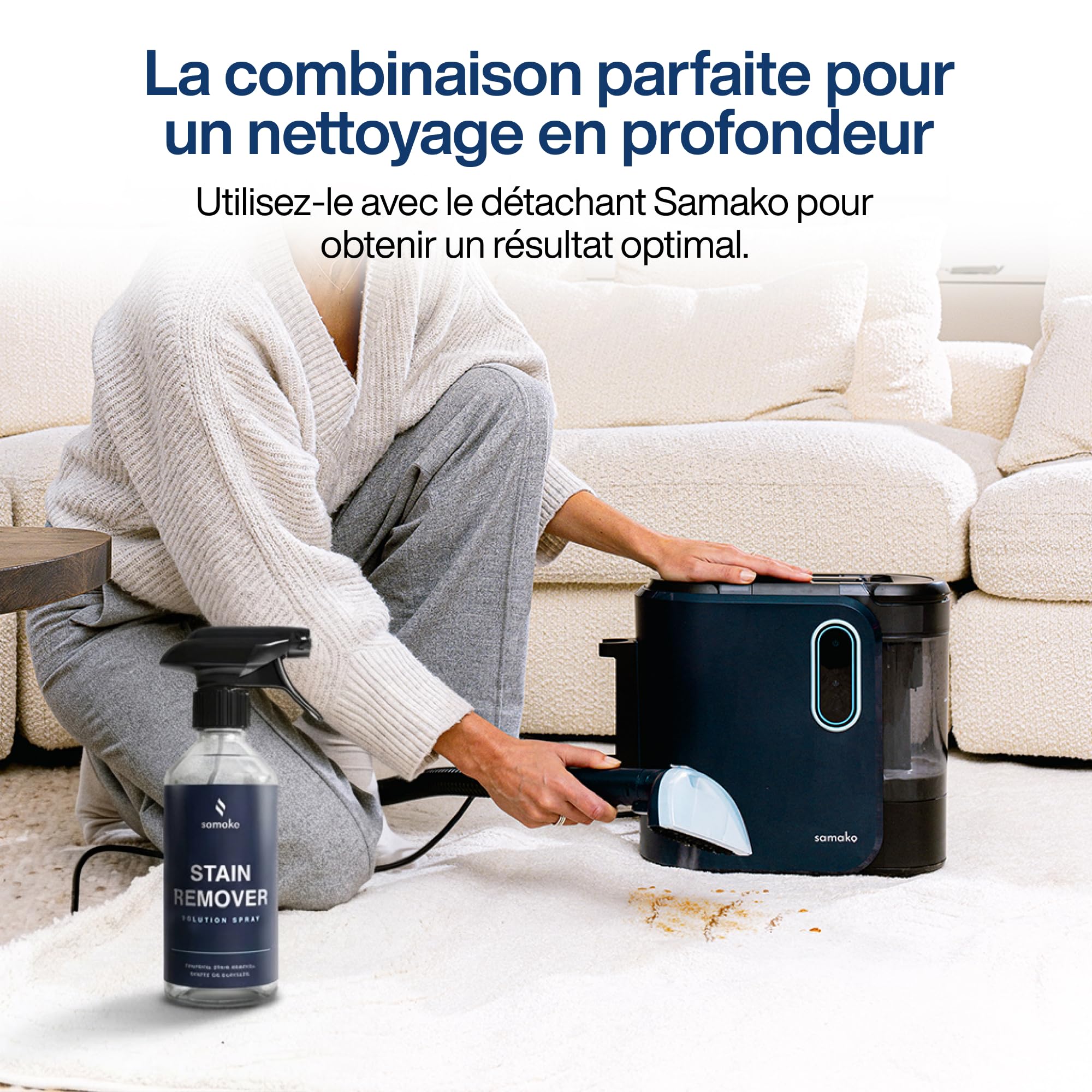 Samako PowerClean Pro Nettoyeur à vapeur pour tapis et tapis, filtre HEPA, grands réservoirs d'eau, 8 embouts, nettoyant pour coussins et canapés, bleu