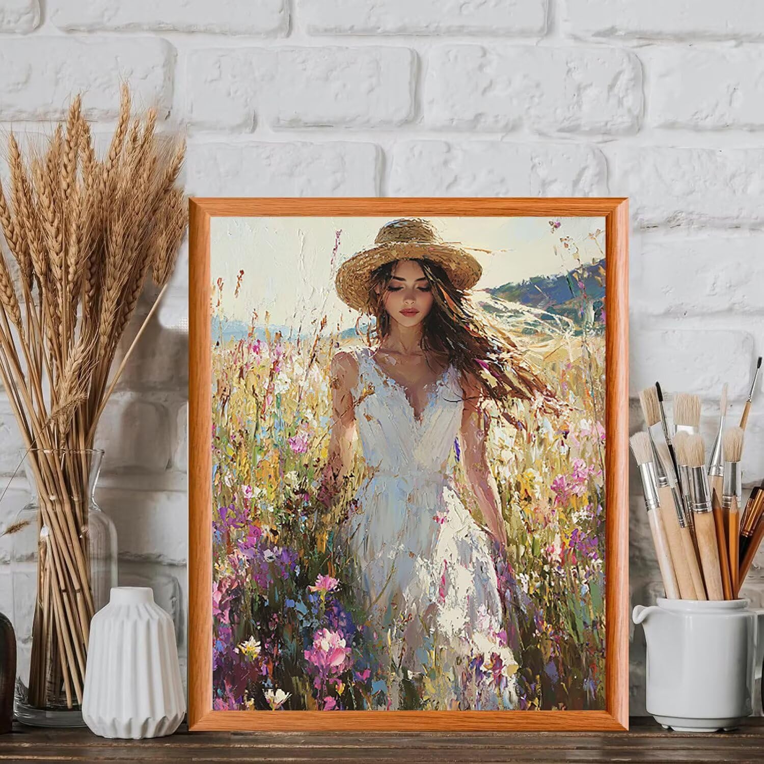 Frau im Blumenfeld Malen Nach Zahlen Erwachsene Anfänger, 80x100cm c-459 | Malen nach Zahlen Erwachsene Leinwand Kit, DIY Handgemalt Ölgemälde Set mit 3-Pinseln und Acrylfarbe für Wanddeko,Ohne Rahmen