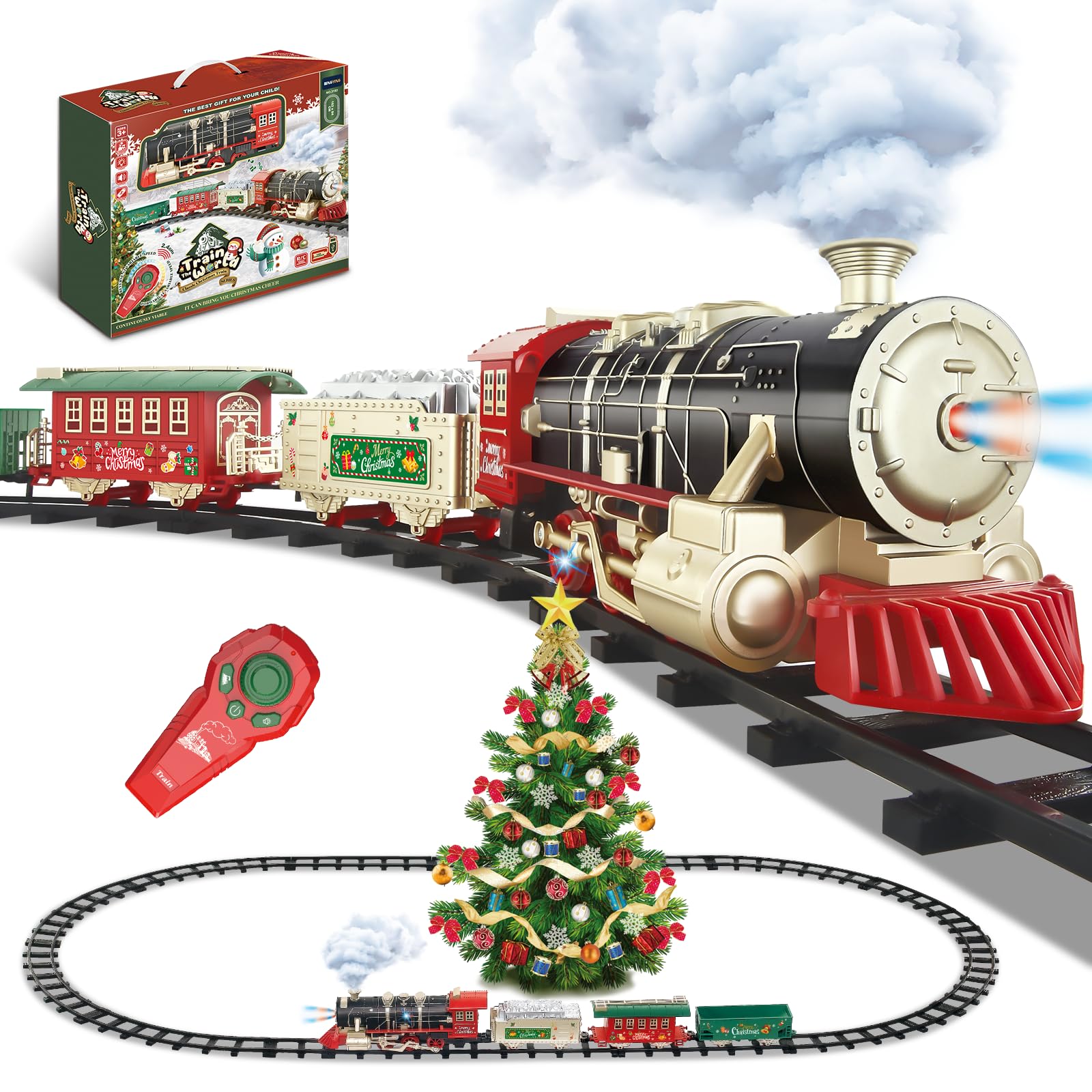 Remote Control Train Set with Steam, Lights and Sounds, Electric Toy Train for Kids Ages 4-8, Christmas Tree Train Set with 4 Cars &amp; 14 Tracks, Year-Round Play and Room Decor