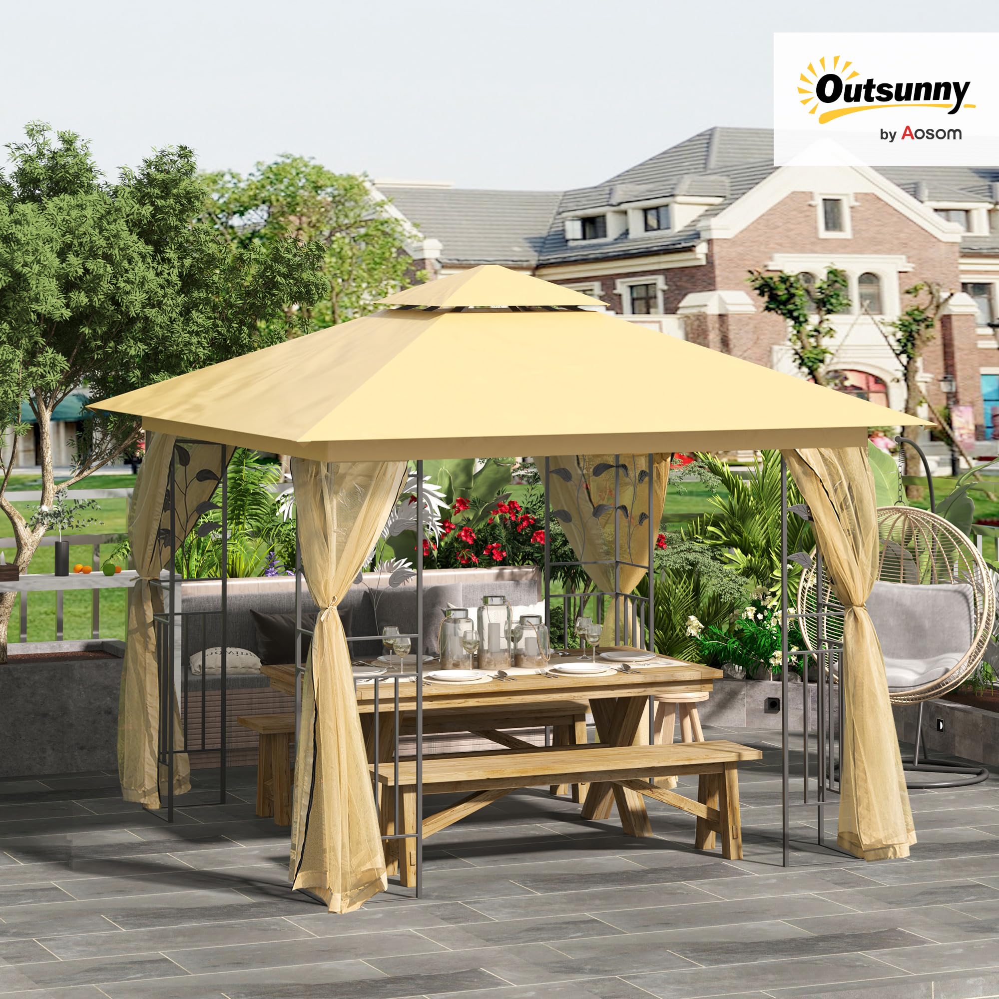 Outsunny Cenador de Jardín 3x3x2,72 m Gazebo Carpas para Exterior Grandes con Doble Techo Mosquiteras y Marco de Acero para Patio Fiesta Beige