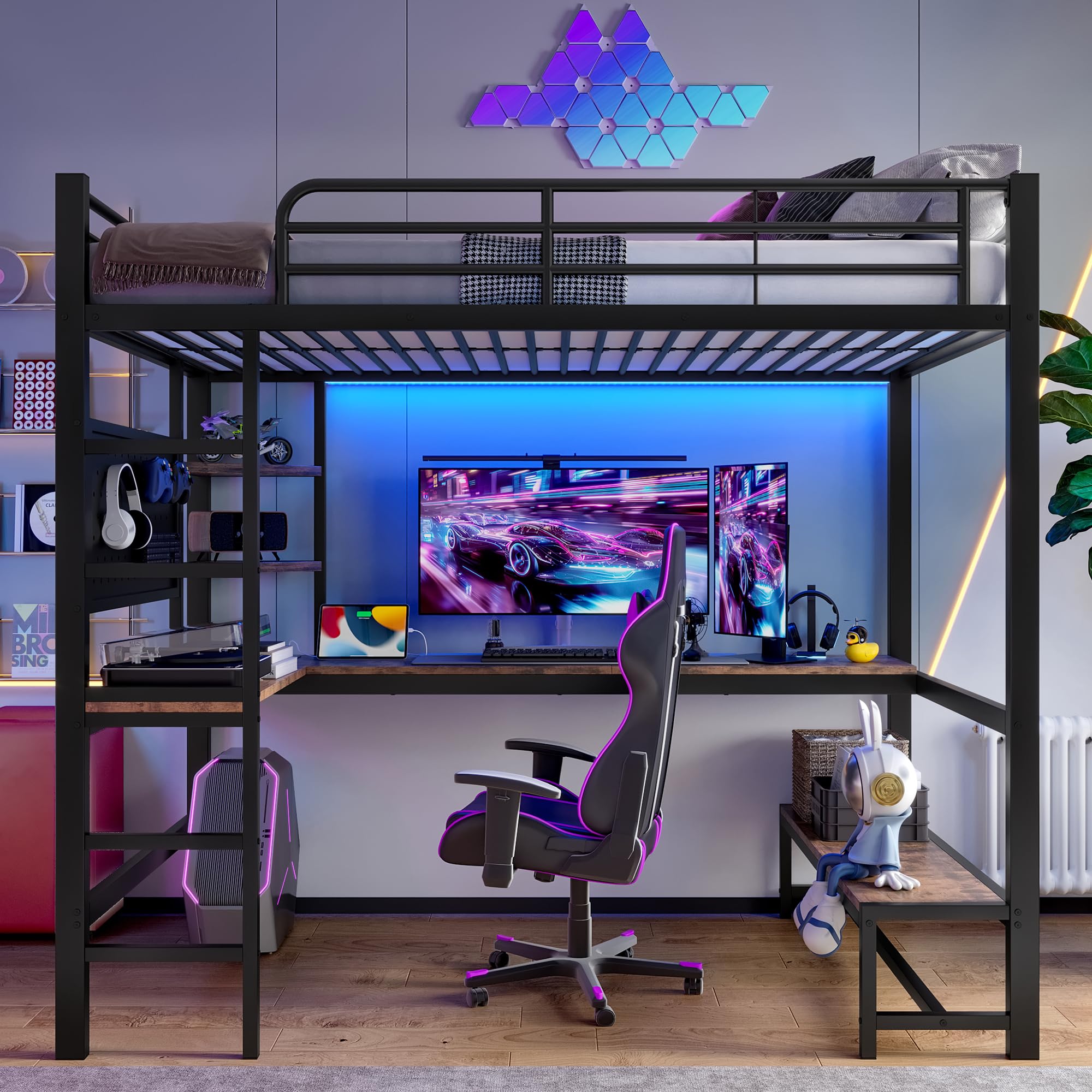 Moimhear Cama alta, marco de hierro, escritorio, barandilla, escalera de tijera, varios estantes, con USB+Type-c, con barra LED, con tabla perforada, sin colchón (negro, 90 x 200 cm)
